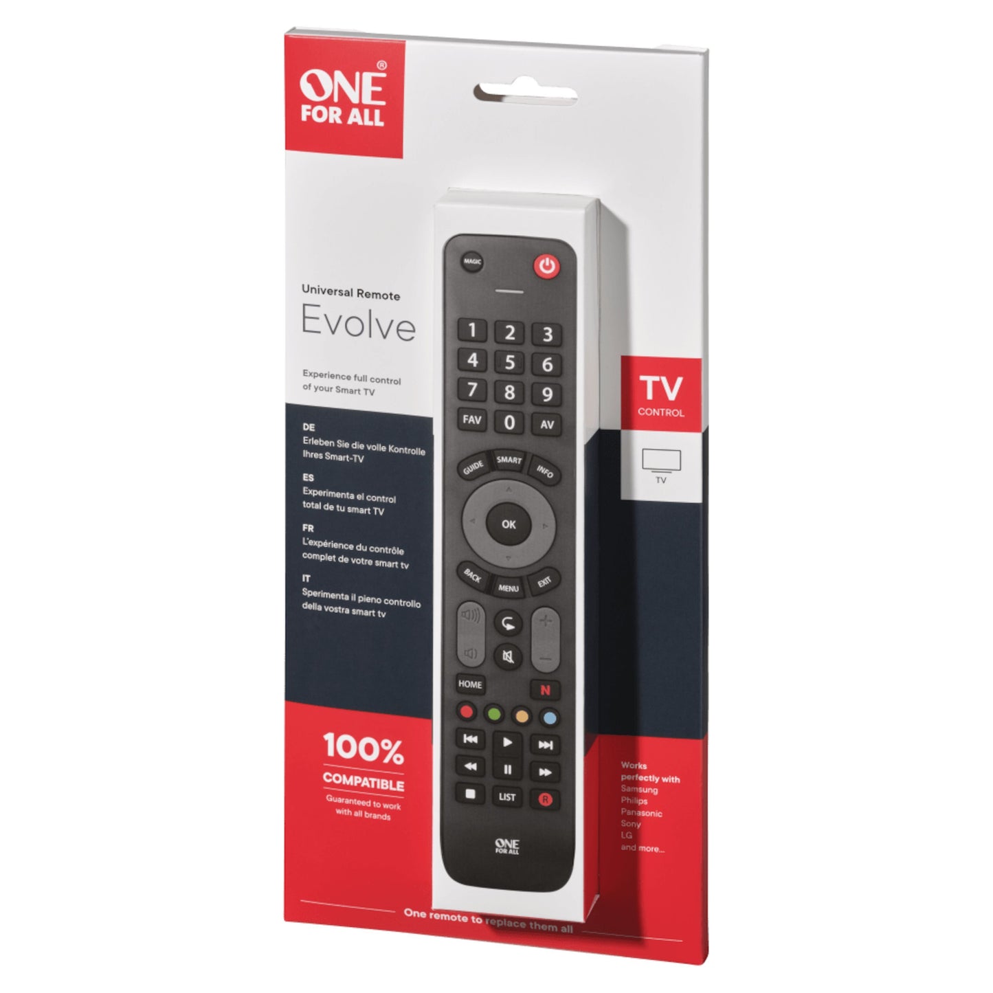 ONE FOR ALL Evolve sort Multi TV fjernbetjening i emballage med tydelig TV-kompatibilitet og synlige knapper.