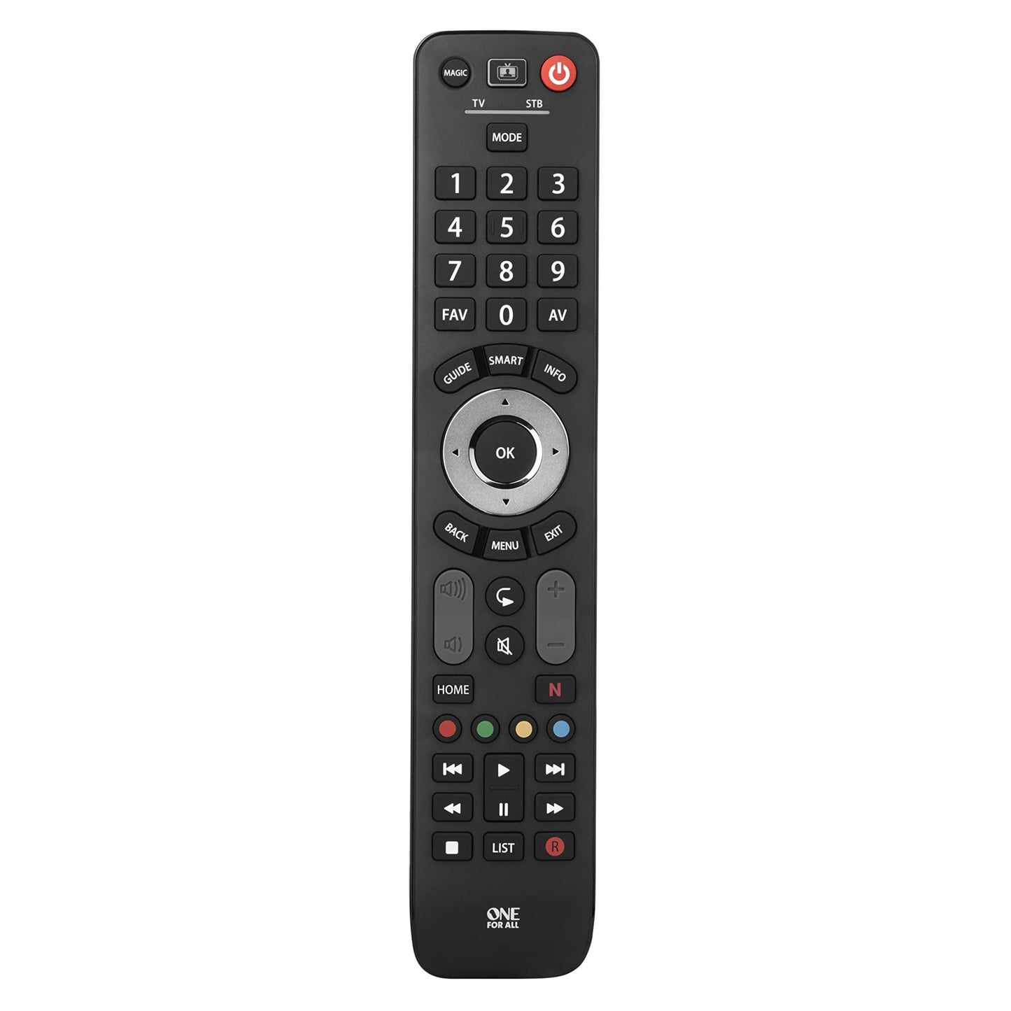 One For All Essens 2 TV-fjernbetjening med nummererede, navigations- og medieknapper til digitale tv-modtagere.