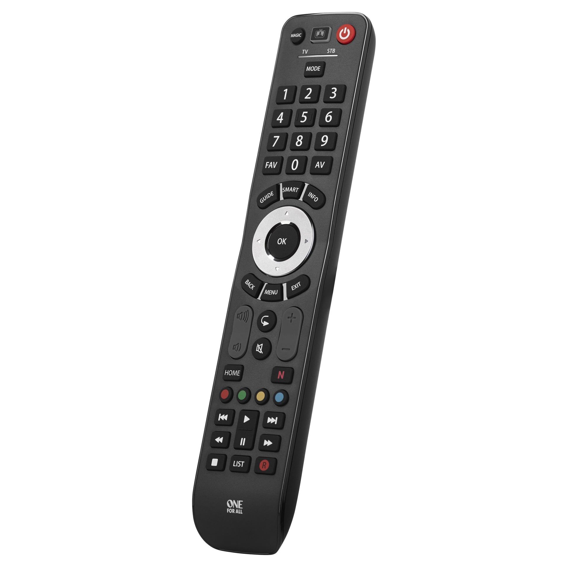 One For All Essens 2 TV-fjernbetjening sort med numerisk tastatur, navigation, OK, farvetaster og medieknapper.