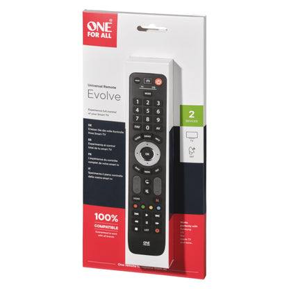 Oneforall Essens 2 TV-fjernbetjening sort, hvide/grå/røde knapper, æske i hvid/rød med "100 compatible", til 2 enheder.