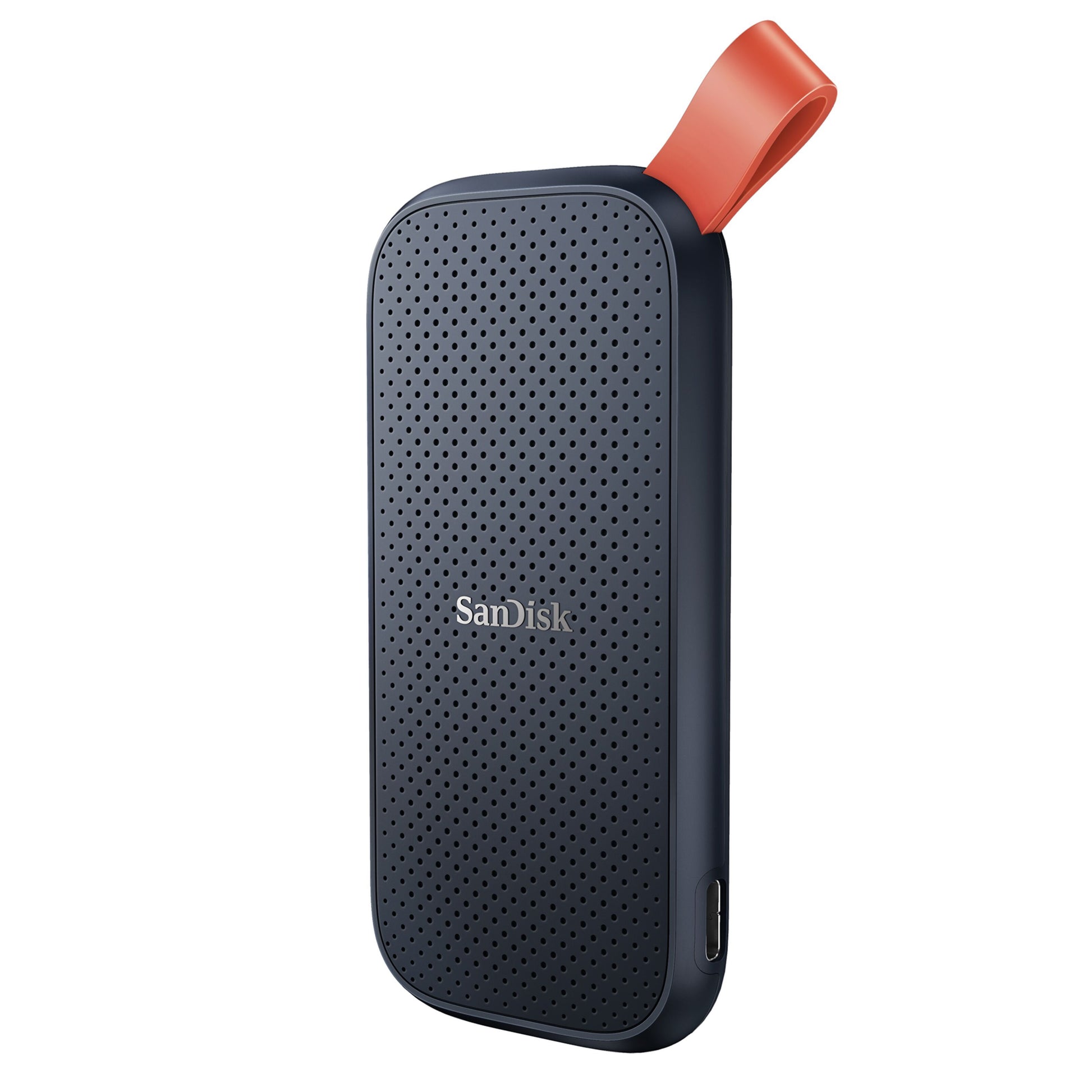 SanDisk bærbar SSD 1TB, mørkt prikket design med afrundede kanter og orange løkke, USB-C-port.