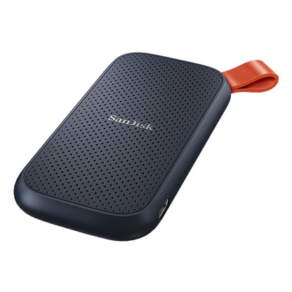 Sandisk bærbar SSD-harddisk 1TB, mørkt kabinet, tekstureret front, orange hjørneløkke.