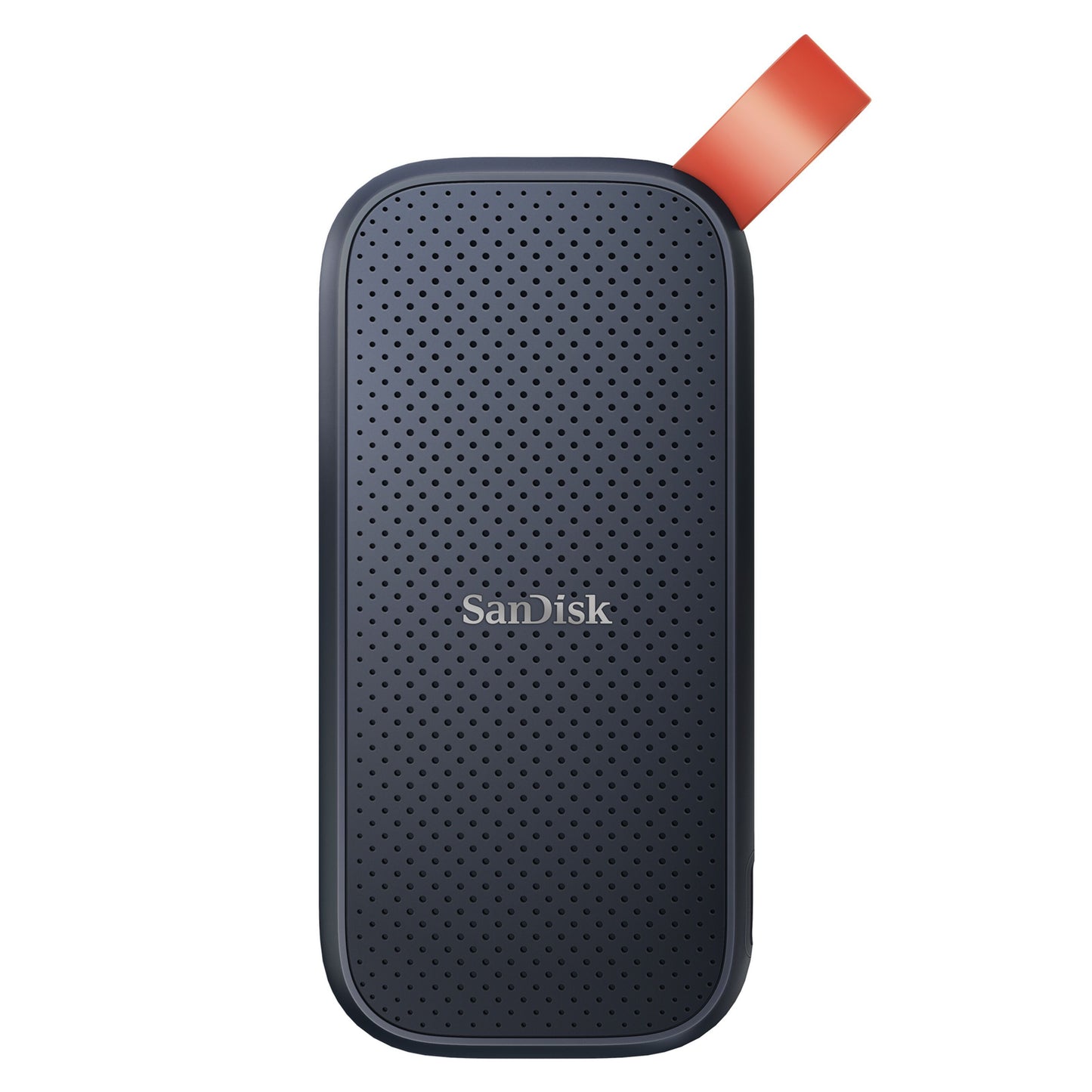 SanDisk bærbar SSD-harddisk 1TB sort, tekstureret front med prikker, orange top-hjørne-løkke, USB-C port.