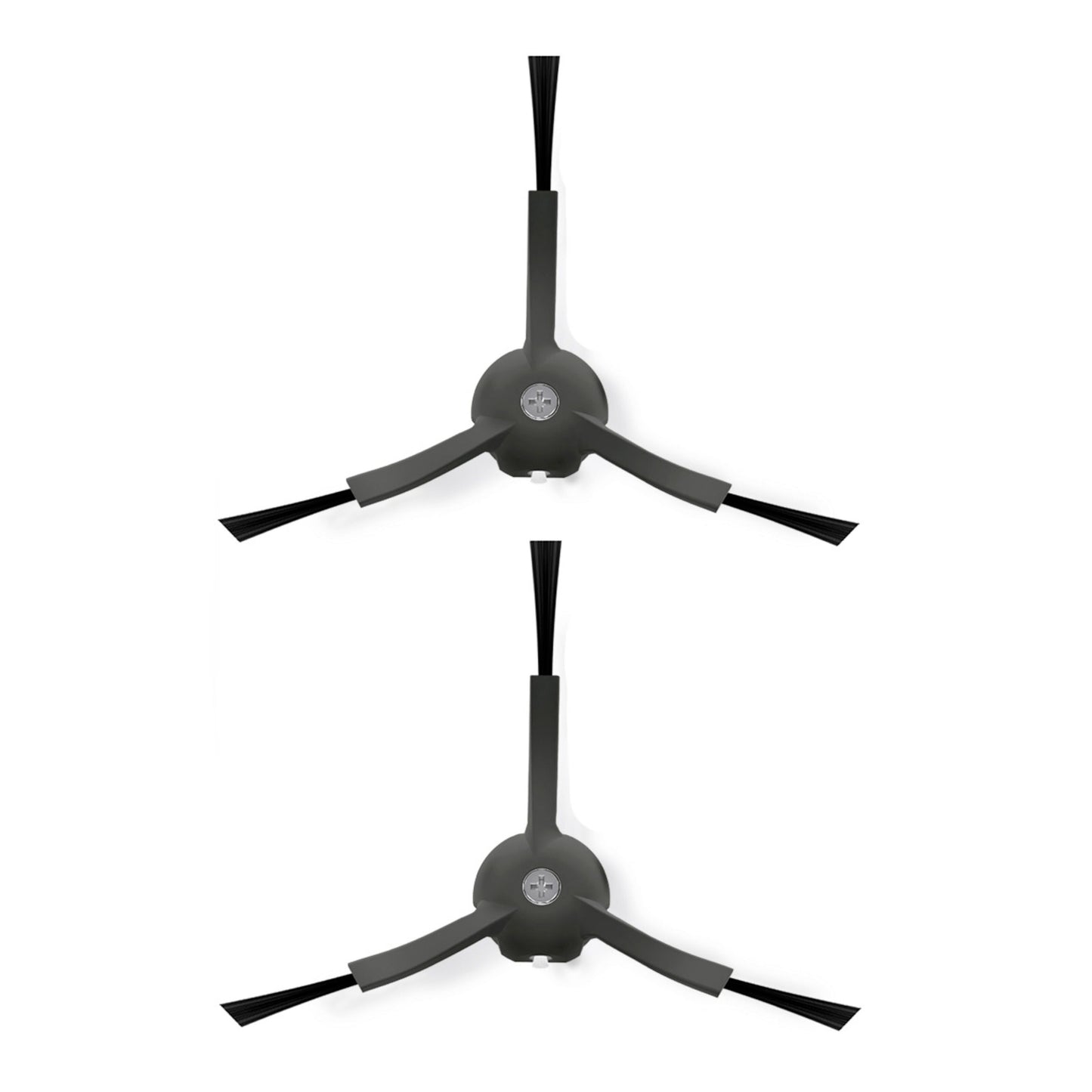 Roborock Sidebørste 2-pak, sort og grå, hver med tre arme med børstehår samlet i et centralt punkt, vises lodret.