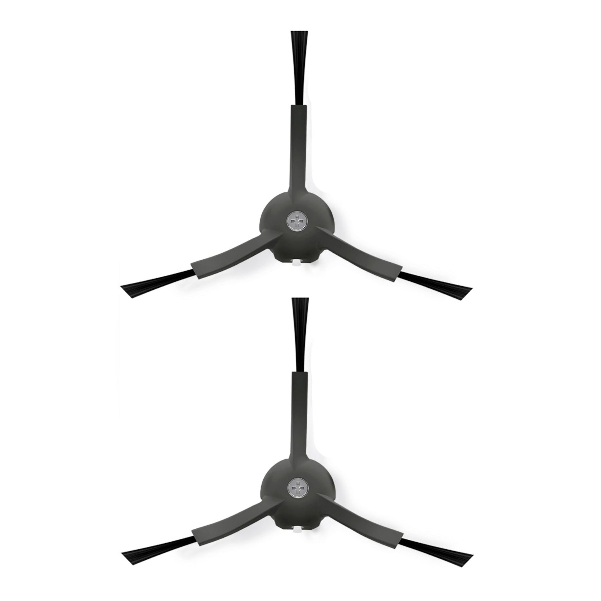 Roborock Sidebørste 2-pak, sort og grå, hver med tre arme med børstehår samlet i et centralt punkt, vises lodret.
