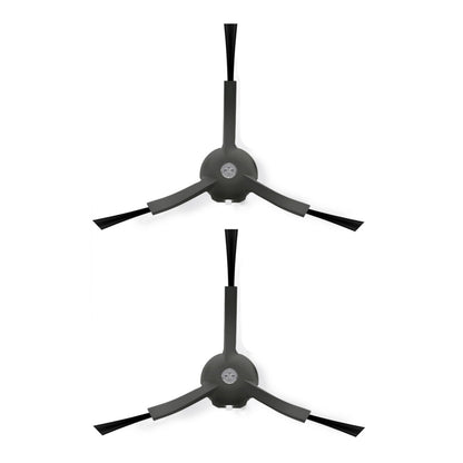 Roborock Sidebørste 2-pak, sort og grå, hver med tre arme med børstehår samlet i et centralt punkt, vises lodret.