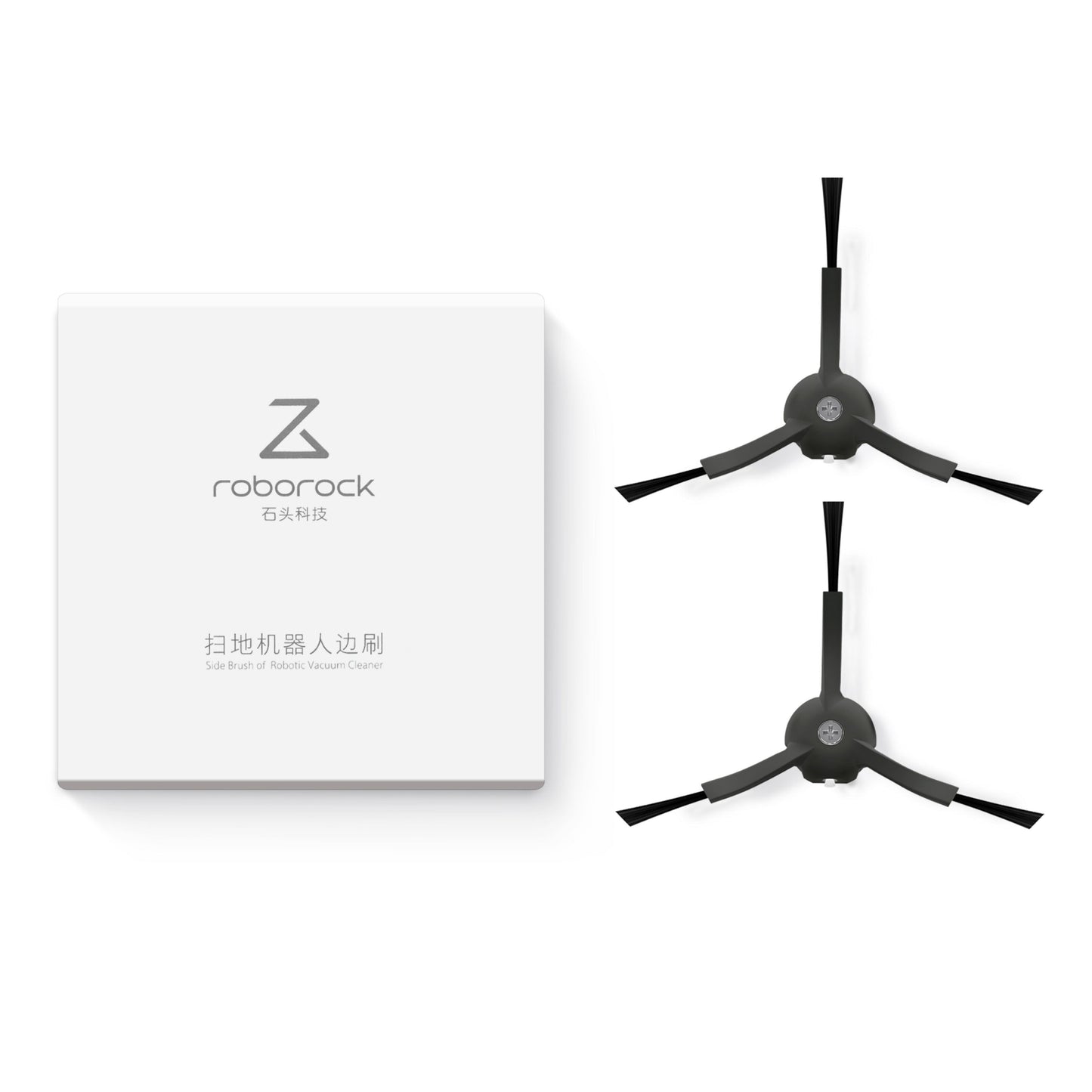 Roborock sidebørste 2-pak sort tre-armet design, Roborock-logo på æske, kompatibel med Roborock robotstøvsuger.