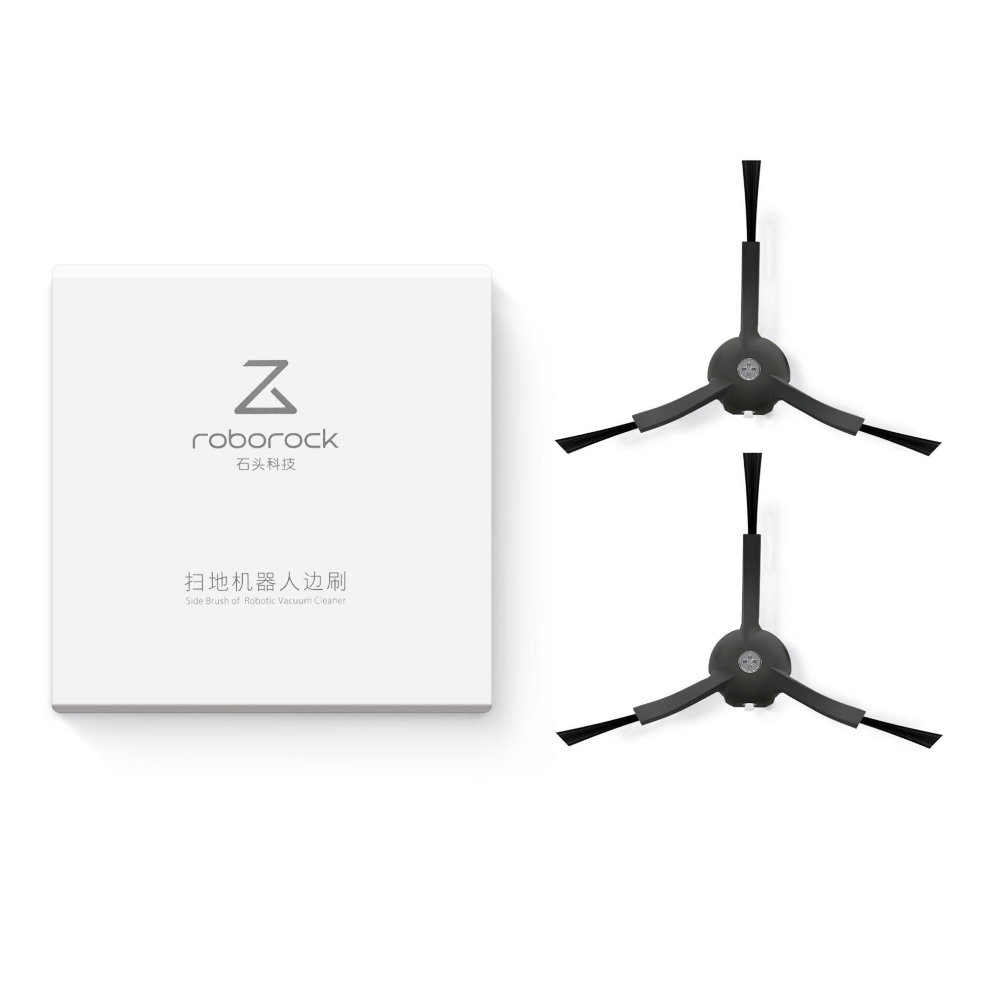 Roborock sidebørste 2-pak sort tre-armet design, Roborock-logo på æske, kompatibel med Roborock robotstøvsuger.