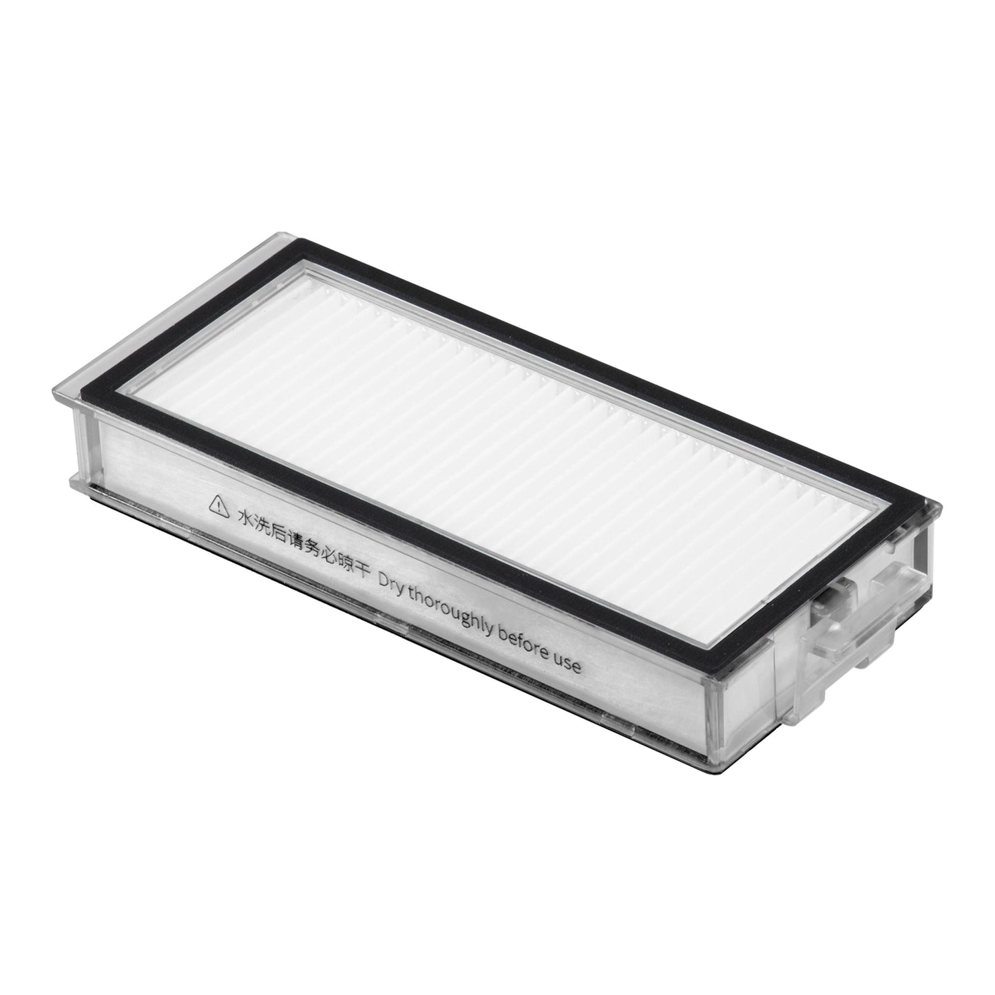 Roborock HEPA-filter 2-pak Q7 Max, hvide rektangulære filtre med sorte kanter, tekst: Tør grundigt før brug.