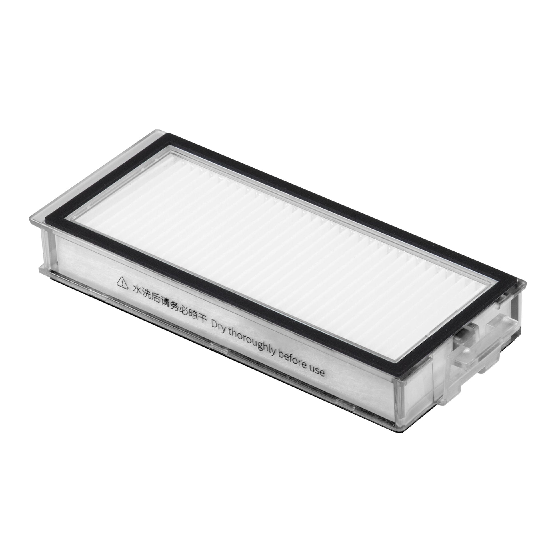 Roborock HEPA-filter 2-pak Q7 Max, hvide rektangulære filtre med sorte kanter, tekst: Tør grundigt før brug.