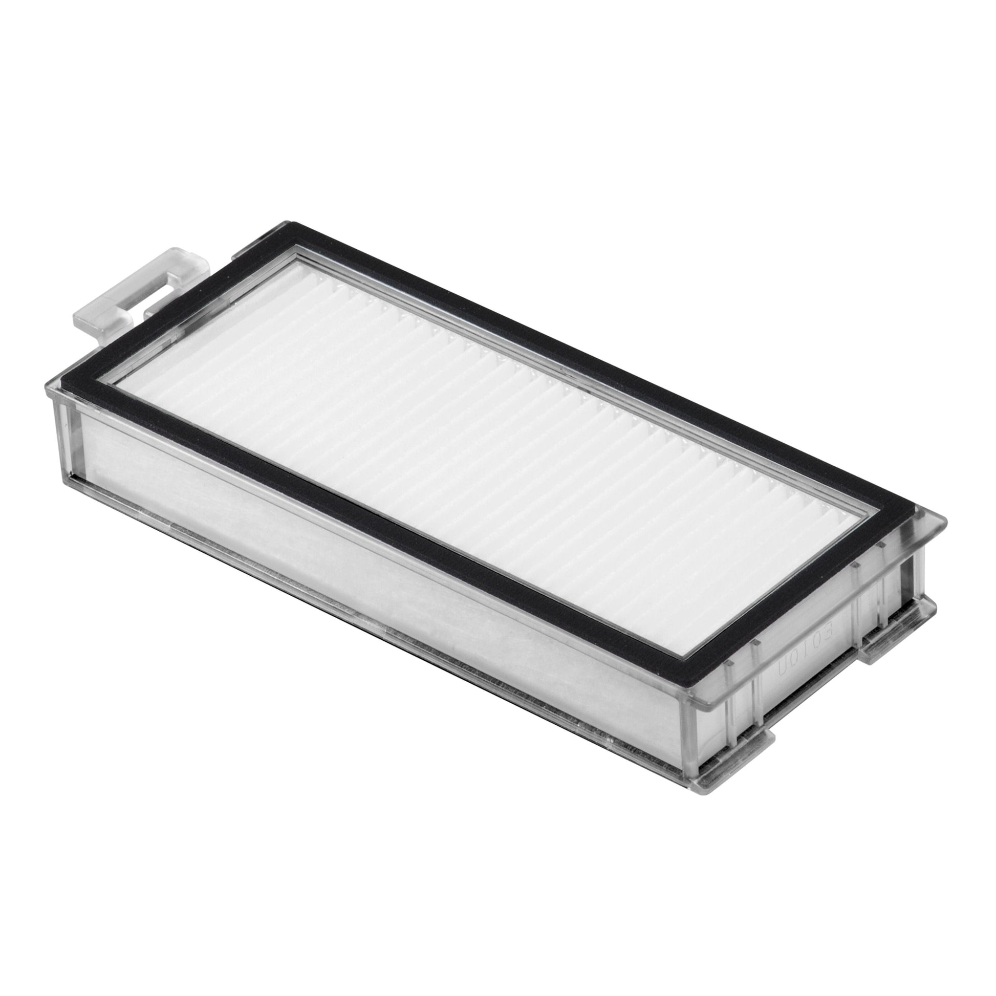 Roborock HEPA-filter 2-pak til Q7 Max robotstøvsuger, rektangulære filtre med sorte rammer og hvide folde.