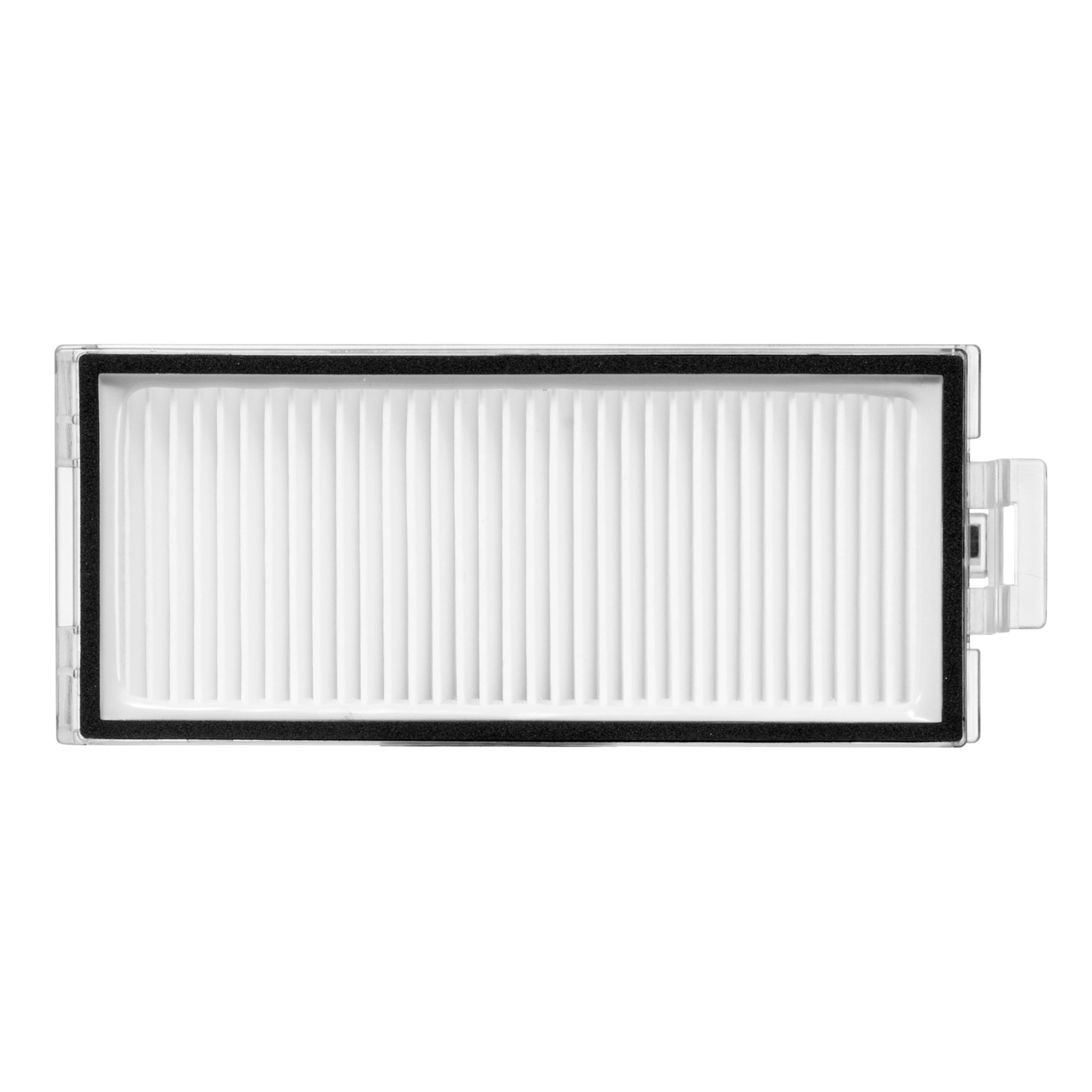 Roborock HEPA-filter 2-pak, hvid rektangulær, sorte kanter, lodrette riller, klar plasttab til højre.