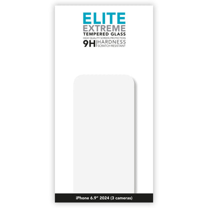 Elite Extreme skærmbeskyttelse til iPhone 16 Pro Max 6.9" 2024, 3 kameraer, 9H hærdet glas, blå/sort emballage.