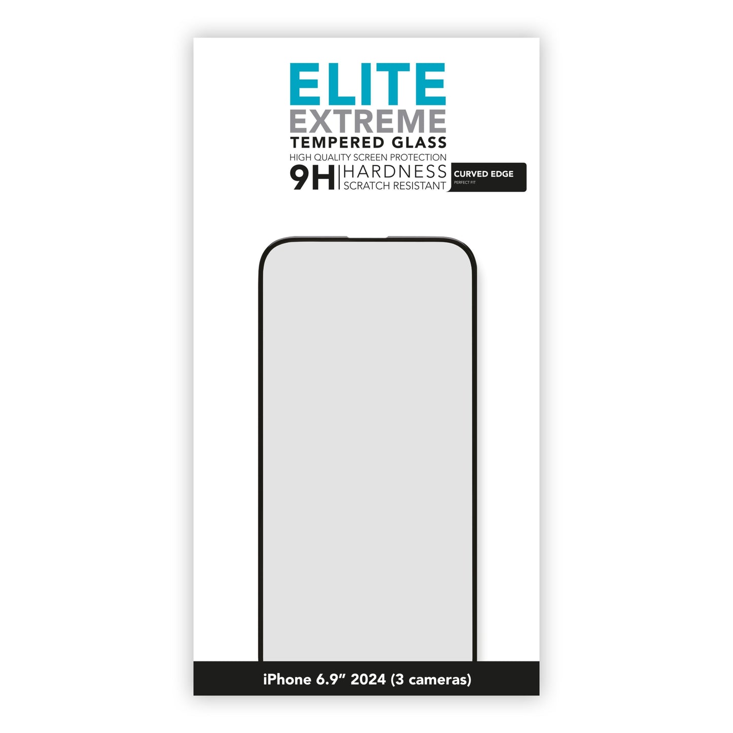Linocell Elite Extreme Curved Skærmbeskyttelse til iPhone 16 Pro Max, 9H glas, buede kanter, omrids af skærm på æsken.