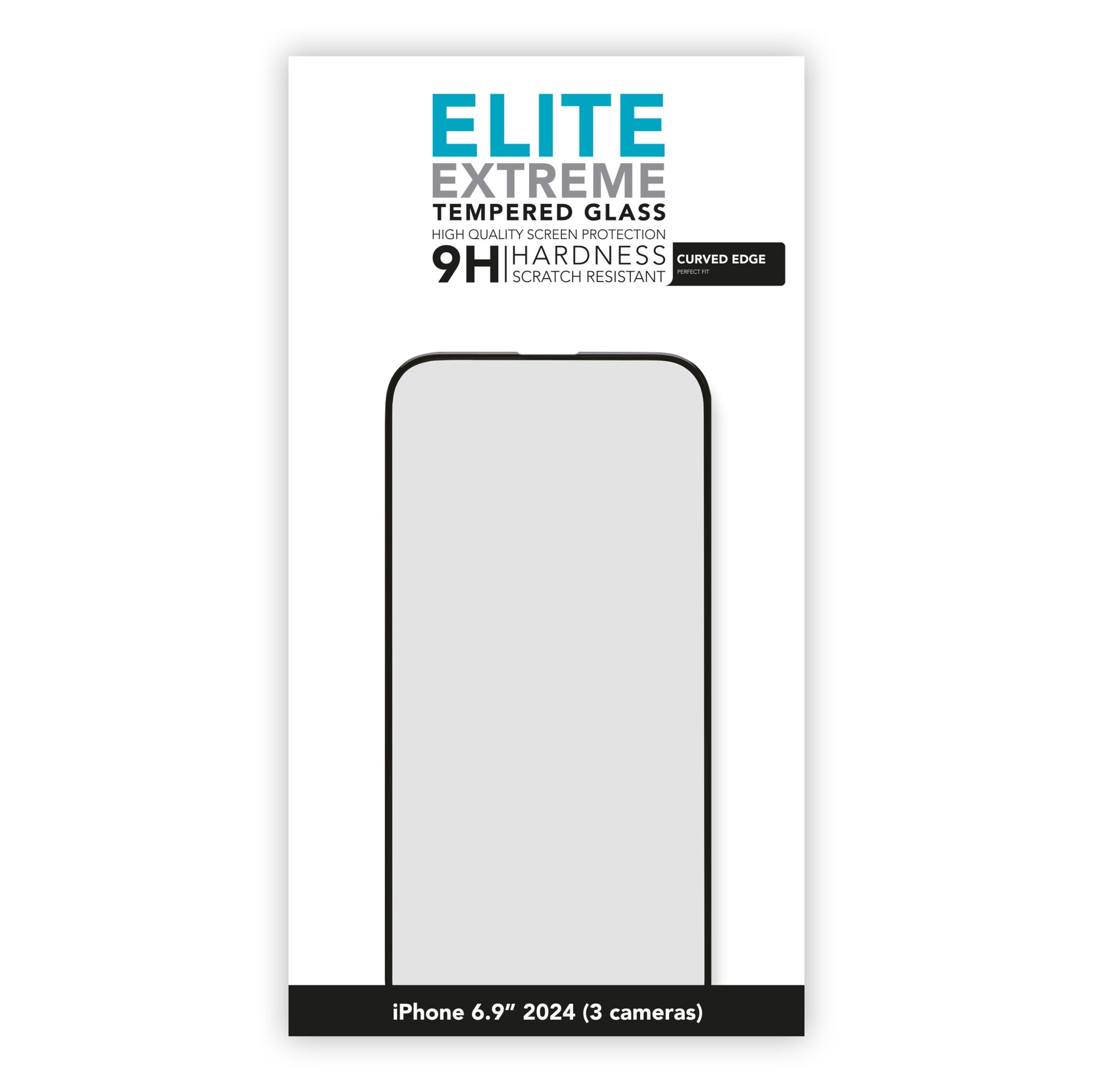 Linocell Elite Extreme Curved Skærmbeskyttelse til iPhone 16 Pro Max, 9H glas, buede kanter, omrids af skærm på æsken.