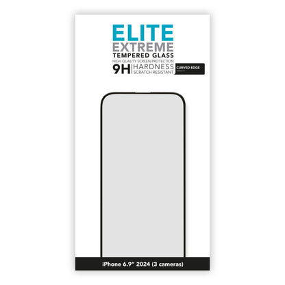 Linocell Elite Extreme Curved Skærmbeskyttelse til iPhone 16 Pro Max, 9H glas, buede kanter, omrids af skærm på æsken.