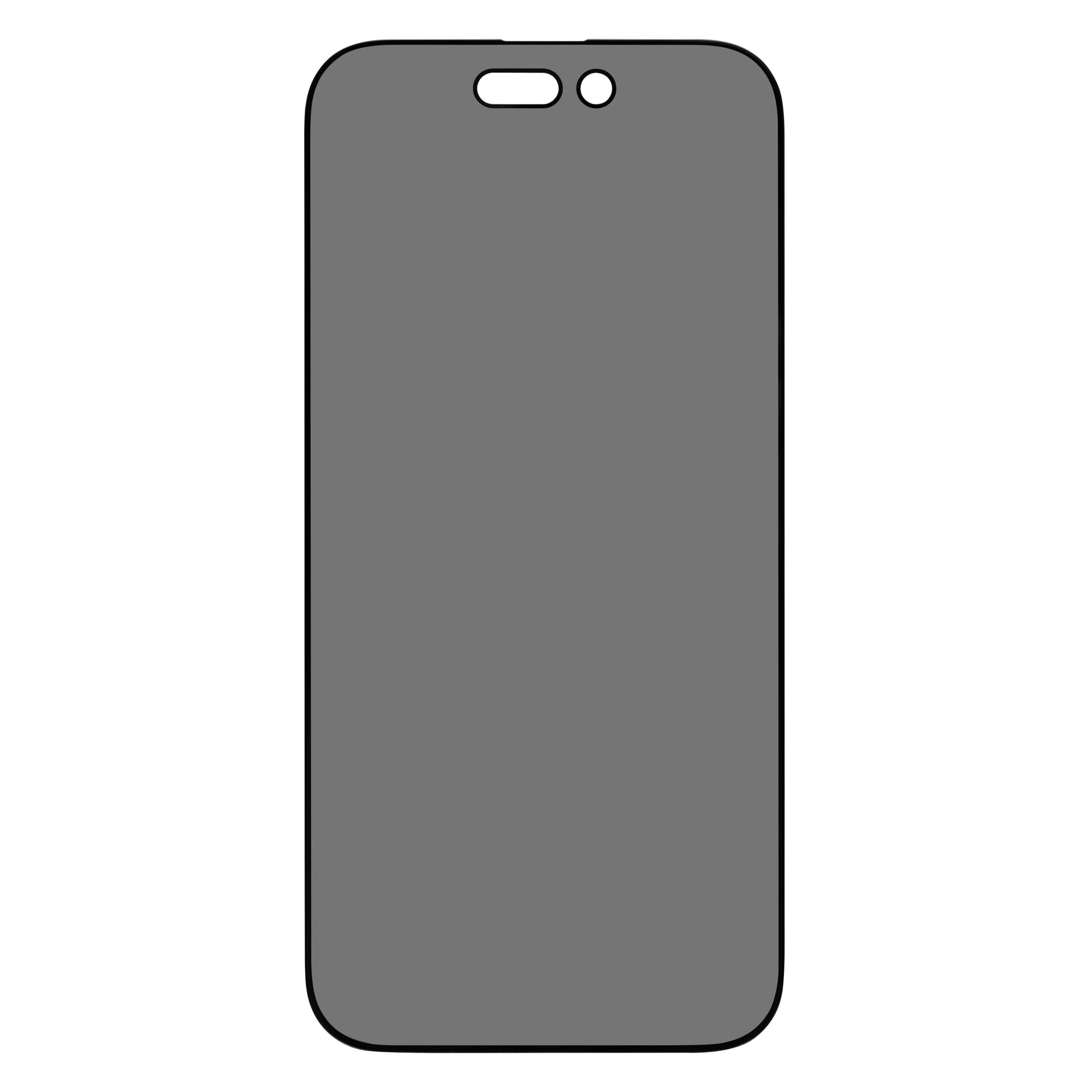 IPhone 16 Plus med afrundede hjørner, kamera- og sensorausnit, grå skærm, Linocell Elite Extreme Privacy skærmbeskyttelse.