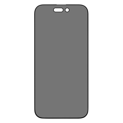 IPhone 16 Plus med afrundede hjørner, kamera- og sensorausnit, grå skærm, Linocell Elite Extreme Privacy skærmbeskyttelse.