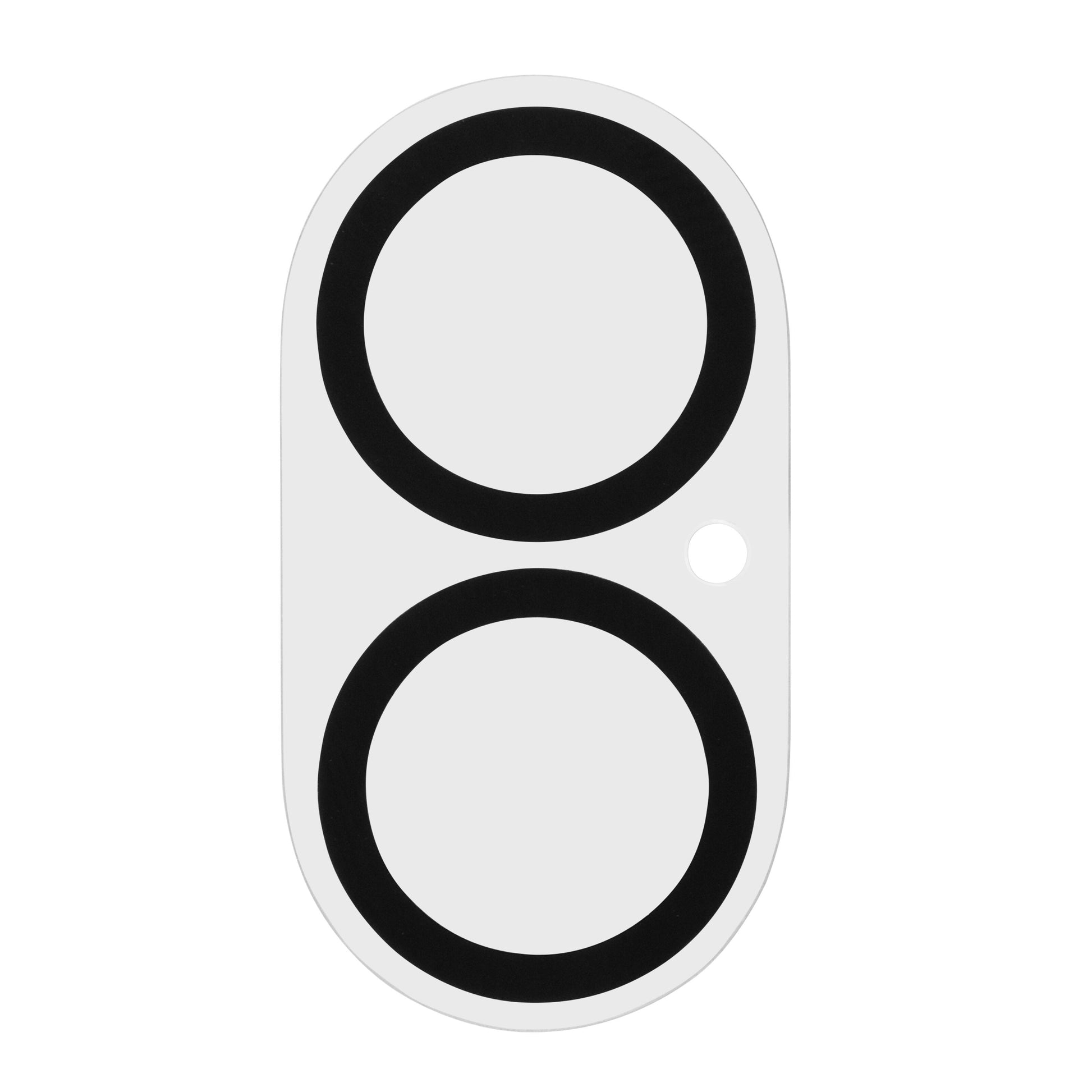 Elite Extreme kamerabeskyttelse til iPhone 16/16 Plus, hvid oval med to sorte kanter og lille grå prik øverst.