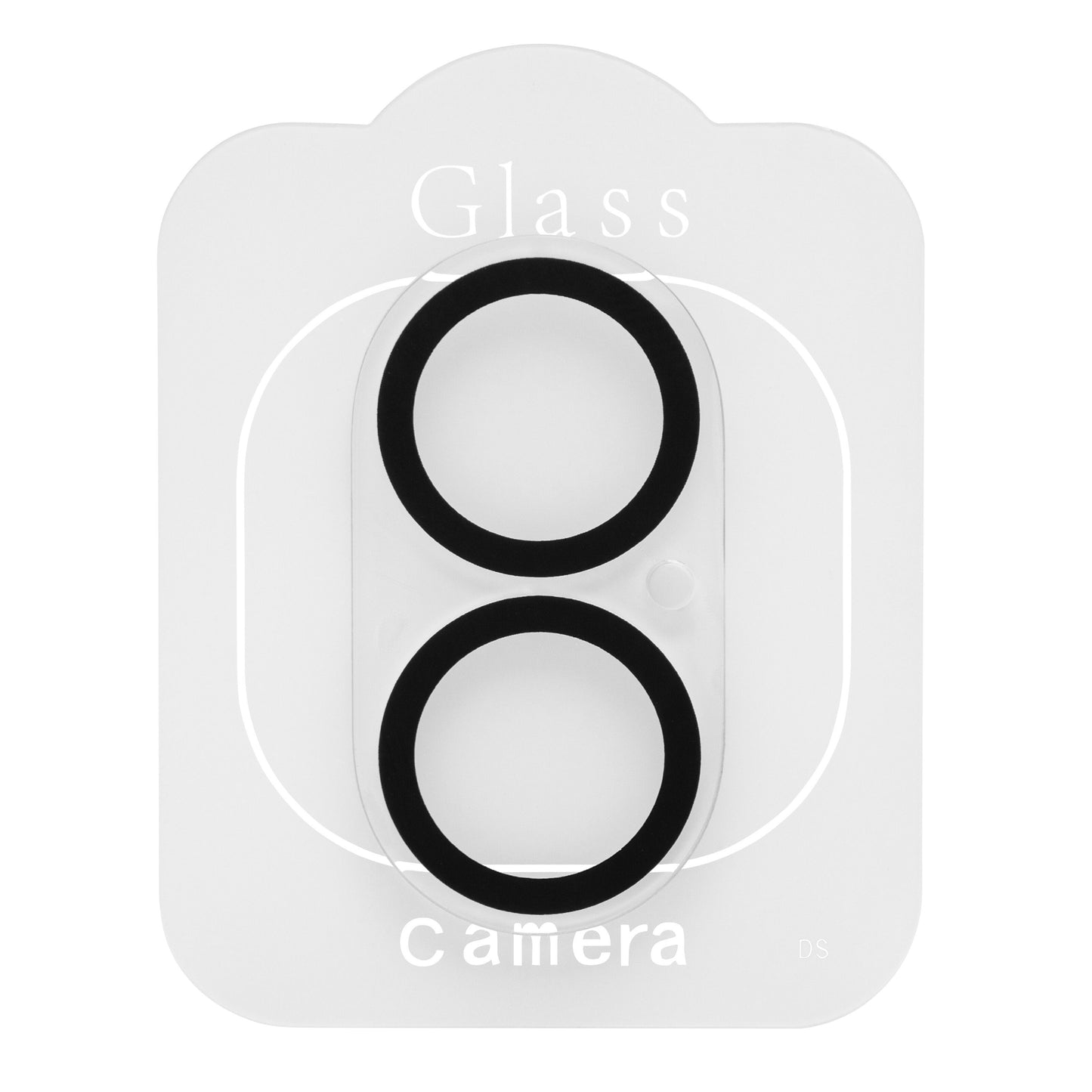 Kamerabeskyttere til iPhone 16/16 Plus, klart rektangulært glas med to slags cirkulære huller og hvid tekst "Glass Camera.
