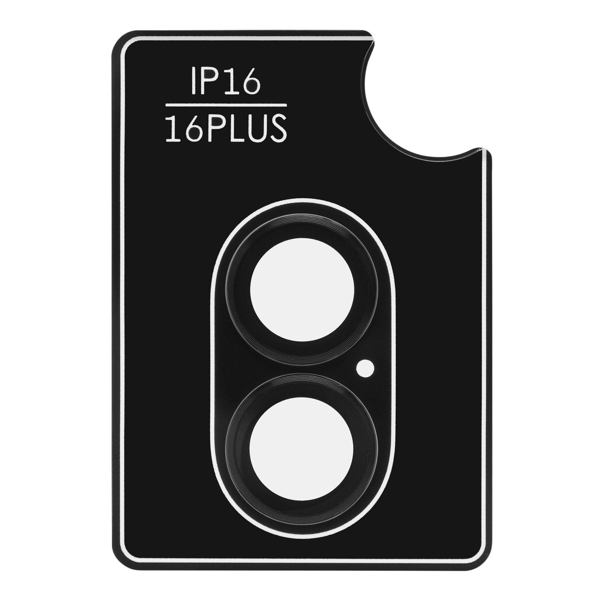 Sort rektangulær Elite Extreme kameralinsebeskyttelse med to runde åbninger og prik til iPhone 16/16 Plus, "IP16 16PLUS.