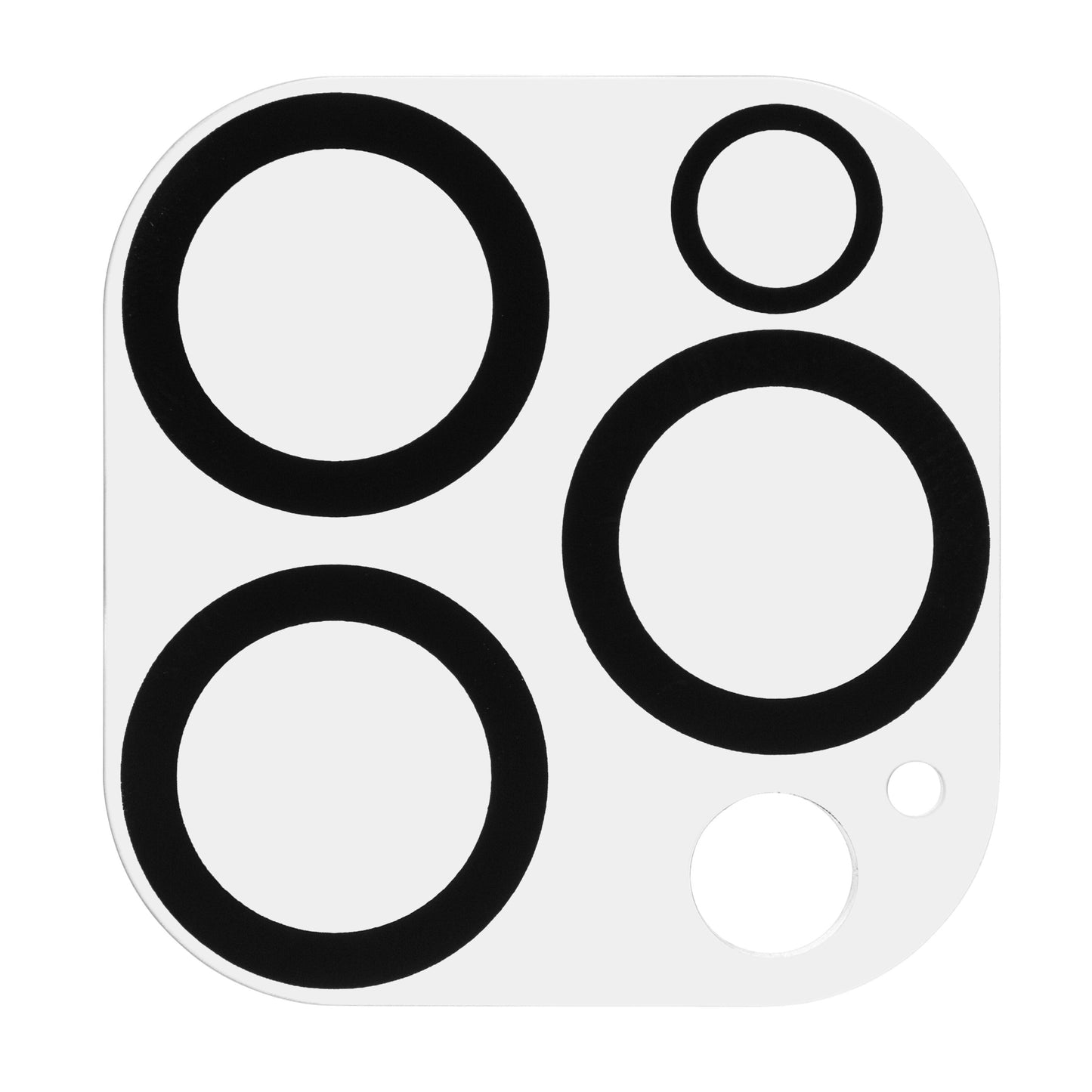 Kamerabeskyttelse til iPhone 16 Pro/16 Pro Max, hvid, afrundet firkantet med fem slags cirkler i forskellige størrelser.