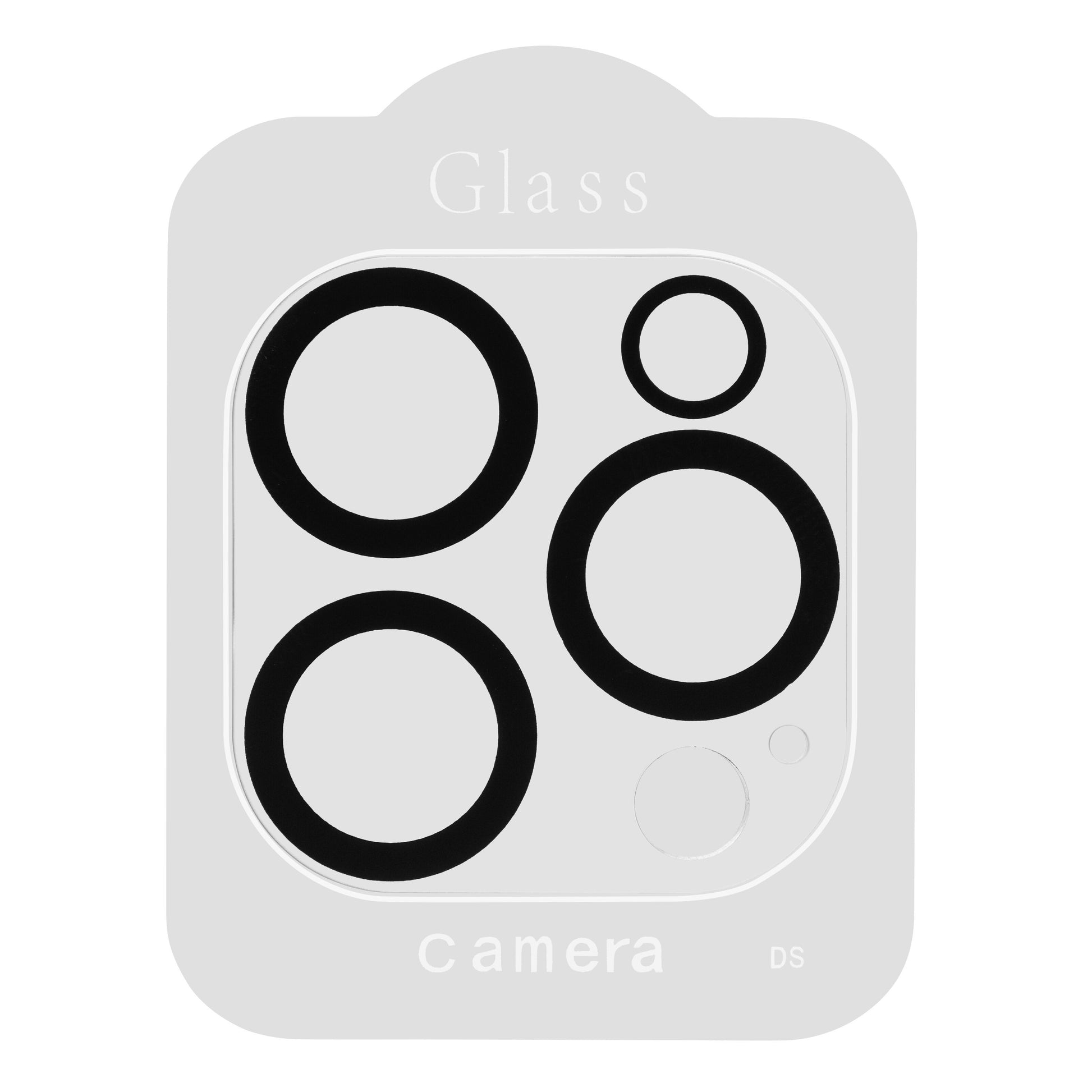 Hærdet glas kamerabeskyttelse til iPhone 16 Pro/Pro Max, hvid, fire sorte cirkler, tekst: Glas og kamera.
