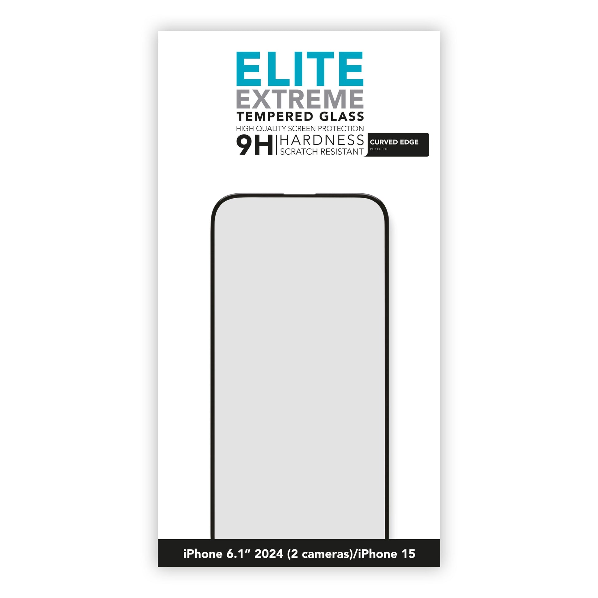 Elite Extreme Curved skærmbeskyttelse til iPhone 15/16 (2 kameraer) 9H hårdhed ridsefast vises på emballagen.