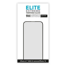 Elite Extreme Curved skærmbeskyttelse til iPhone 15/16 (2 kameraer) 9H hårdhed ridsefast vises på emballagen.
