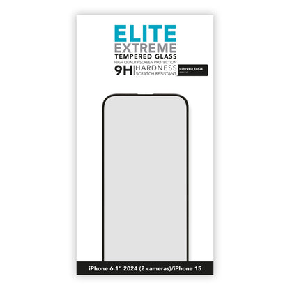 Elite Extreme Curved skærmbeskyttelse til iPhone 15/16 (2 kameraer) 9H hårdhed ridsefast vises på emballagen.