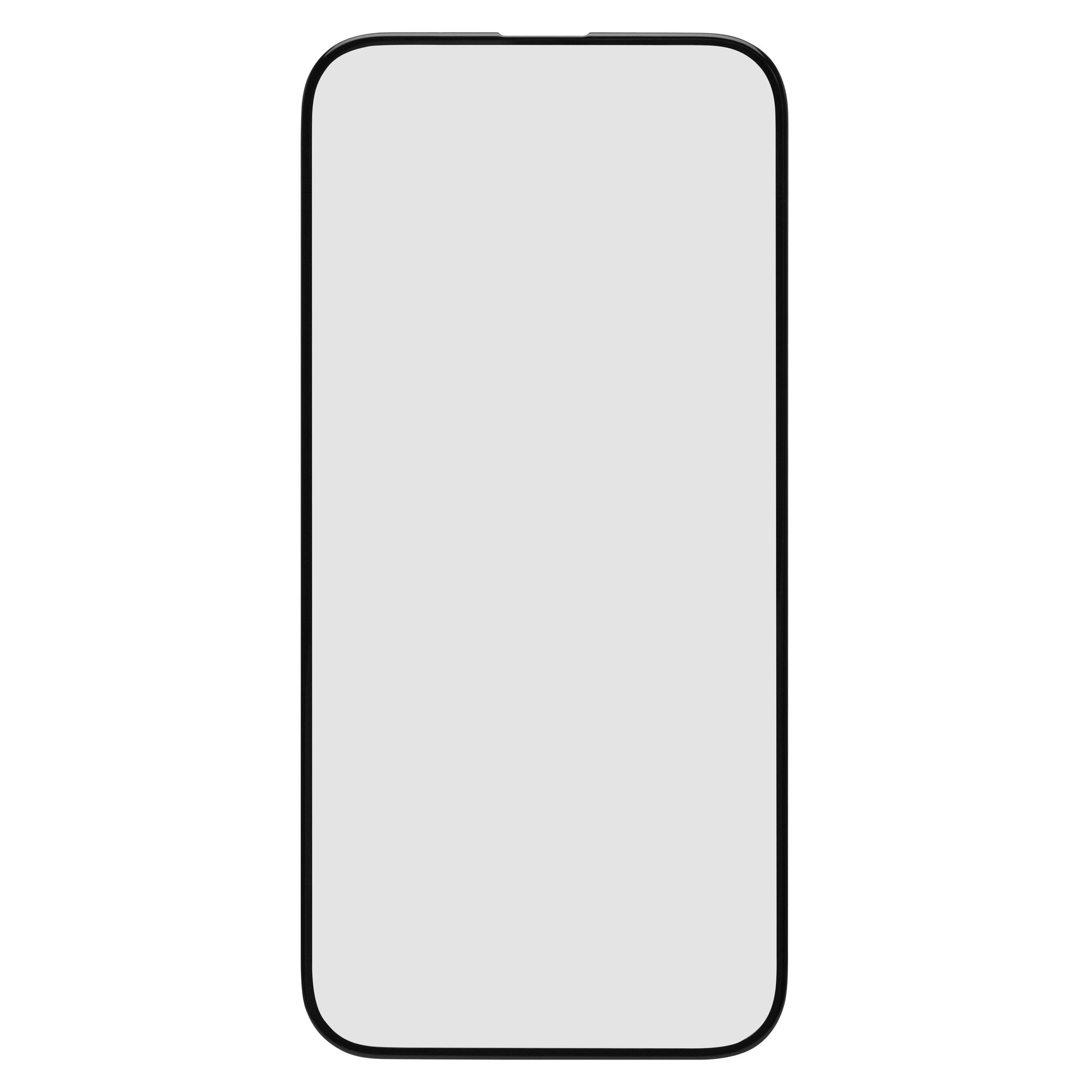 Illustration af smartphone med lys grå tom skærm, tynd sort kant, opret til Linocell Elite Extreme Curved Skærmbeskyttelse iPhone 15/16.