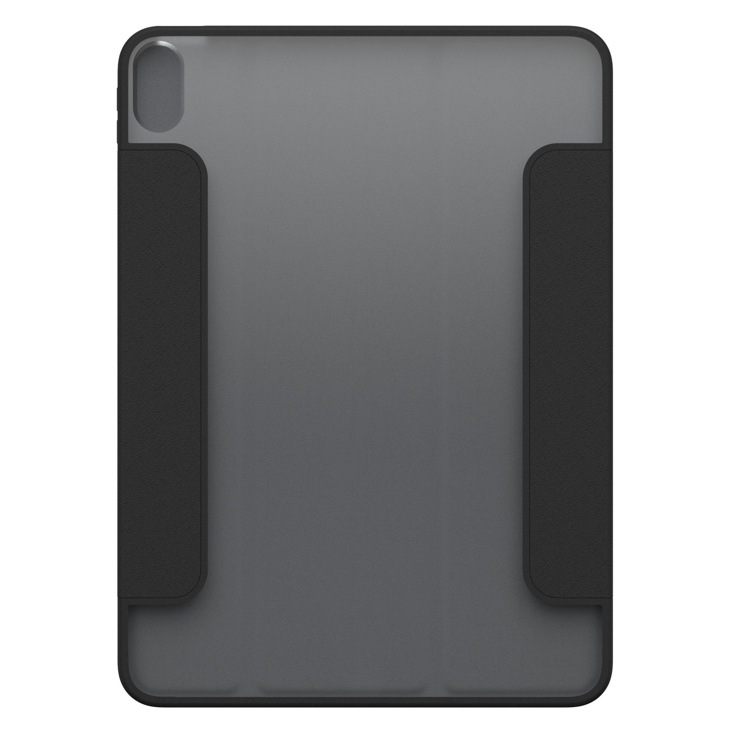 Otterbox Symmetry Folio iPad Air 11" 2024 sort/grå cover, gennemsigtig bagside, sidegreb, kamerahul øverst til venstre.