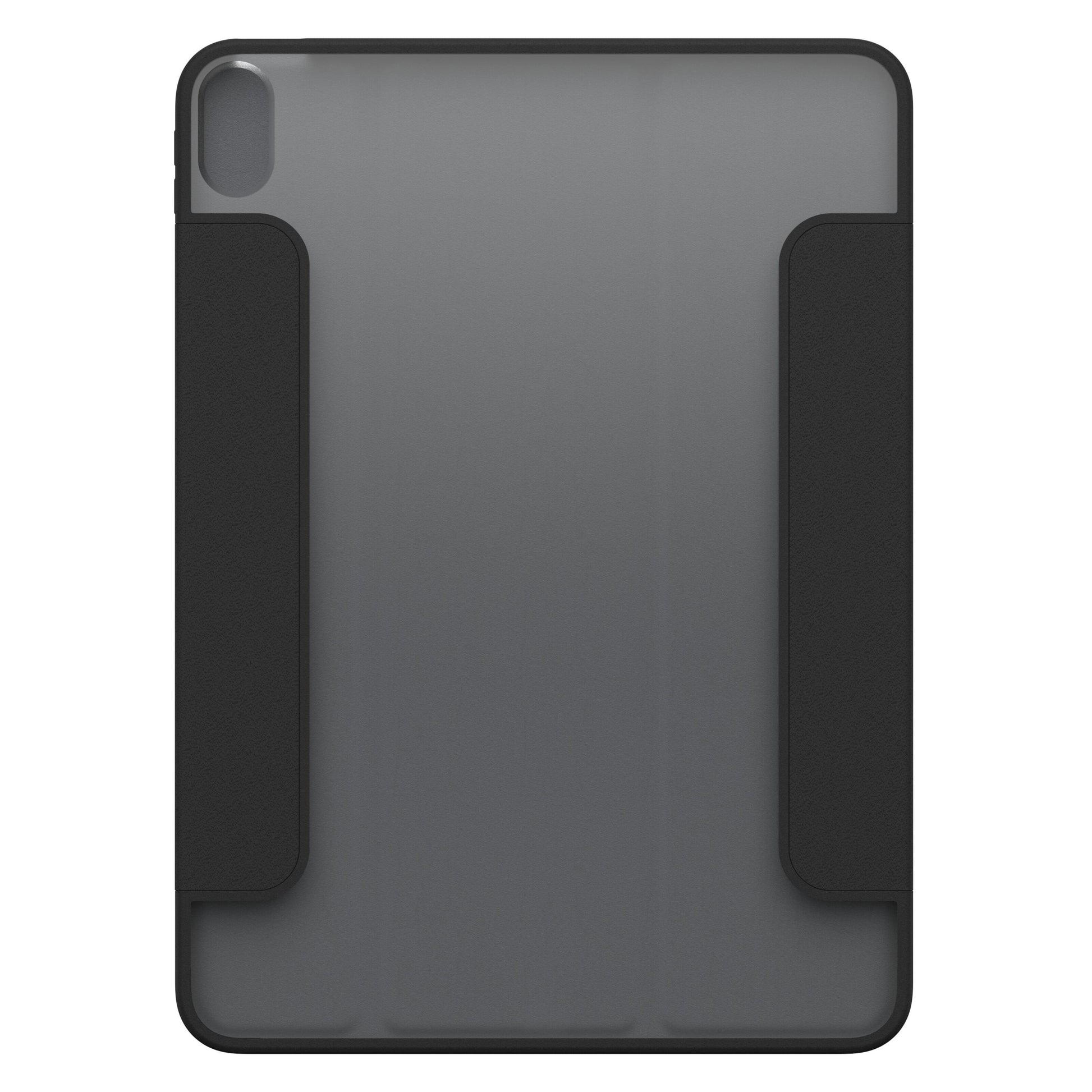 Otterbox Symmetry Folio iPad Air 11" 2024 sort/grå cover, gennemsigtig bagside, sidegreb, kamerahul øverst til venstre.