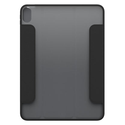Otterbox Symmetry Folio iPad Air 11" 2024 sort/grå cover, gennemsigtig bagside, sidegreb, kamerahul øverst til venstre.