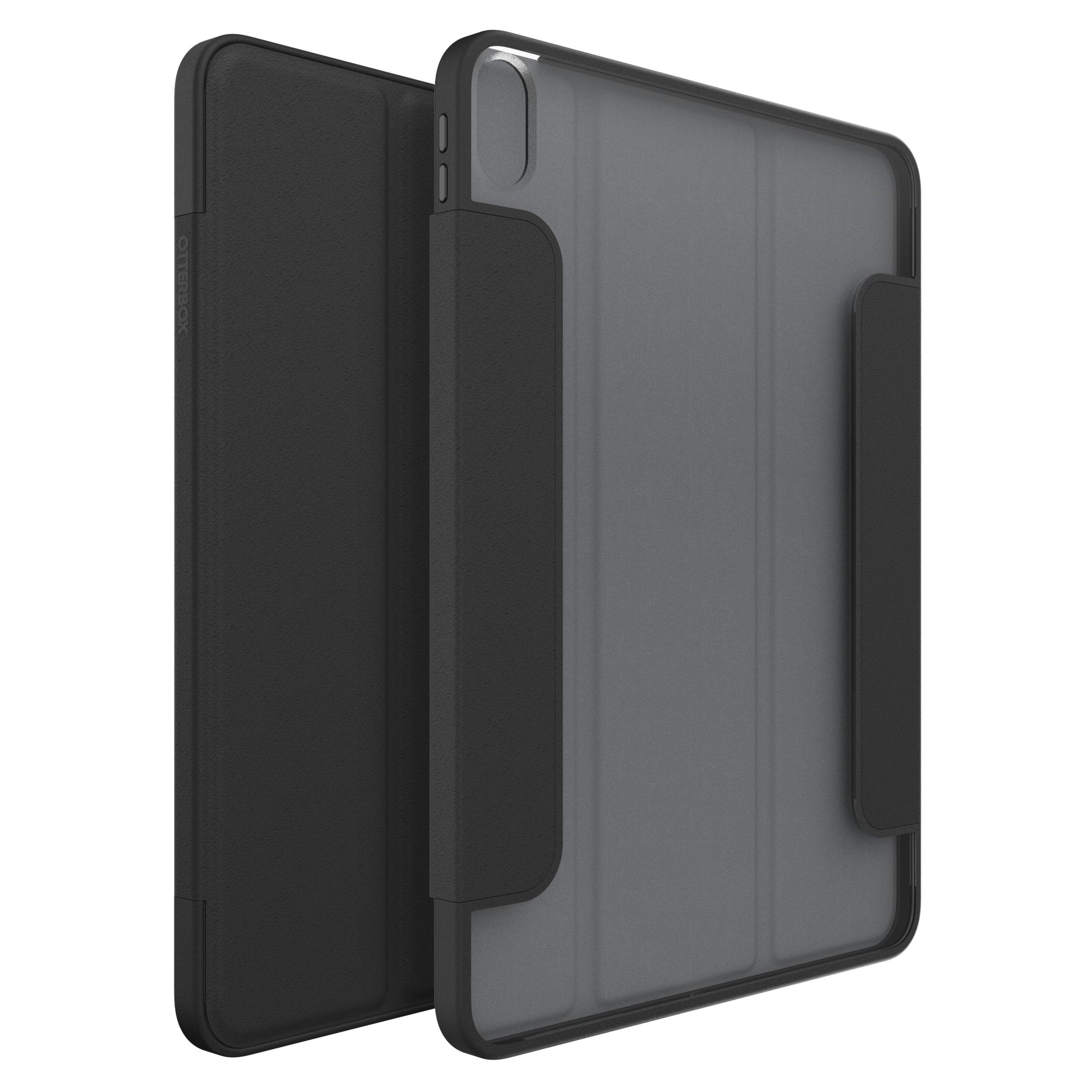 Otterbox Symmetry Folio iPad Air 11" 2024 sort folio-cover med transparent bagside, vises lukket og delvist åbent.