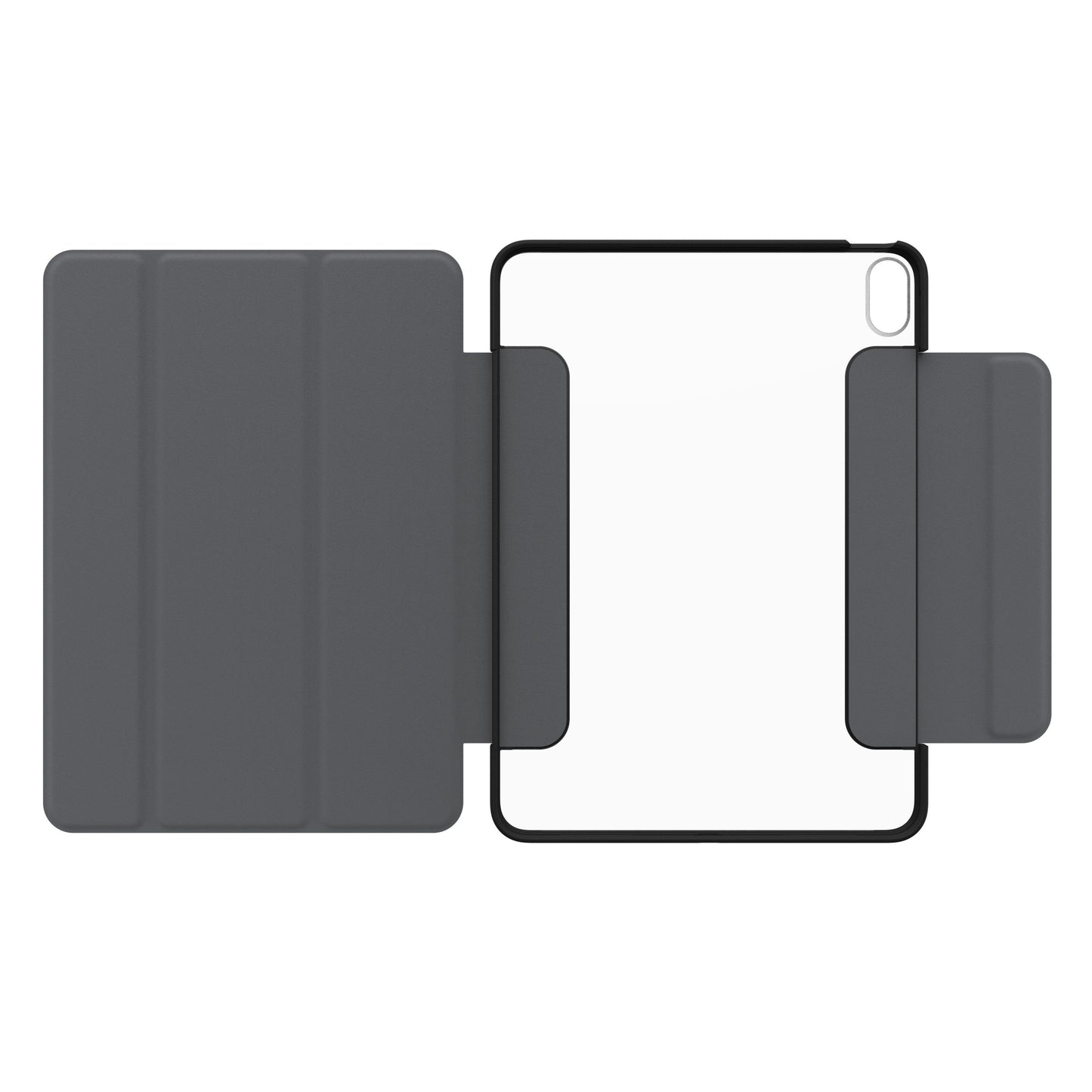 Otterbox Symmetry Folio iPad Air 11" 2024, grå foldecover, gennemsigtig bagside, sorte kanter, præcis kameracutout.
