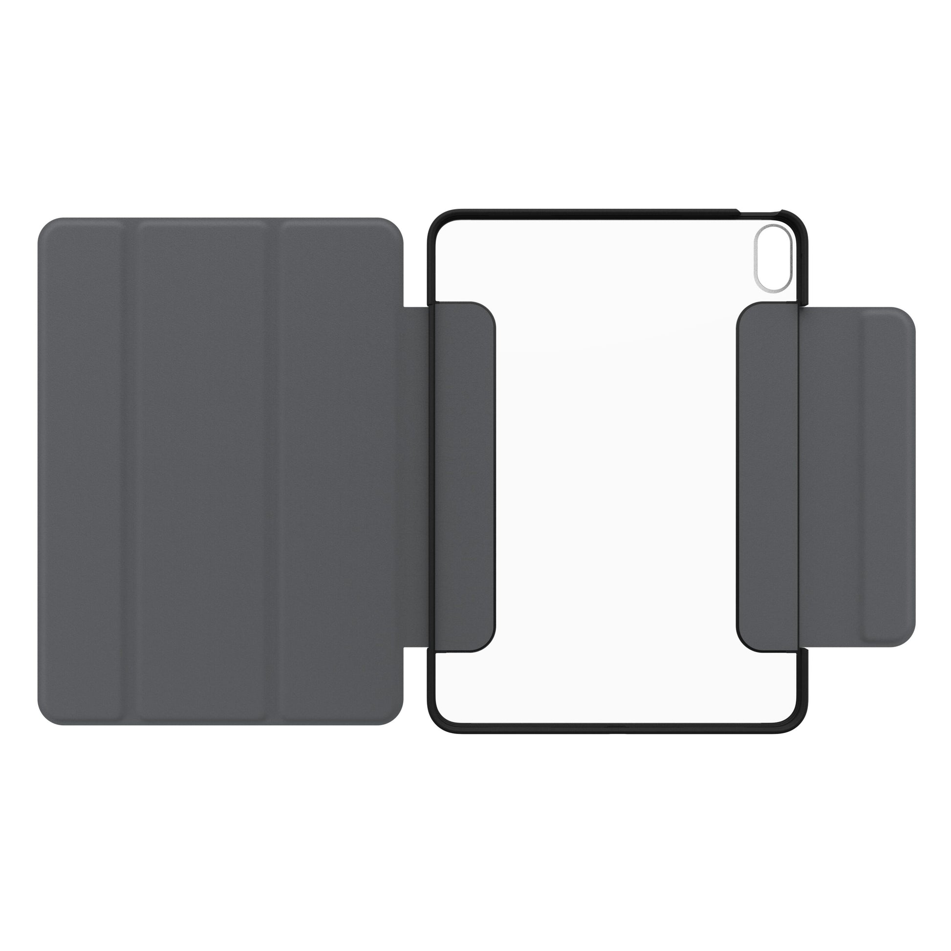 Otterbox Symmetry Folio iPad Air 11" 2024, grå foldecover, gennemsigtig bagside, sorte kanter, præcis kameracutout.