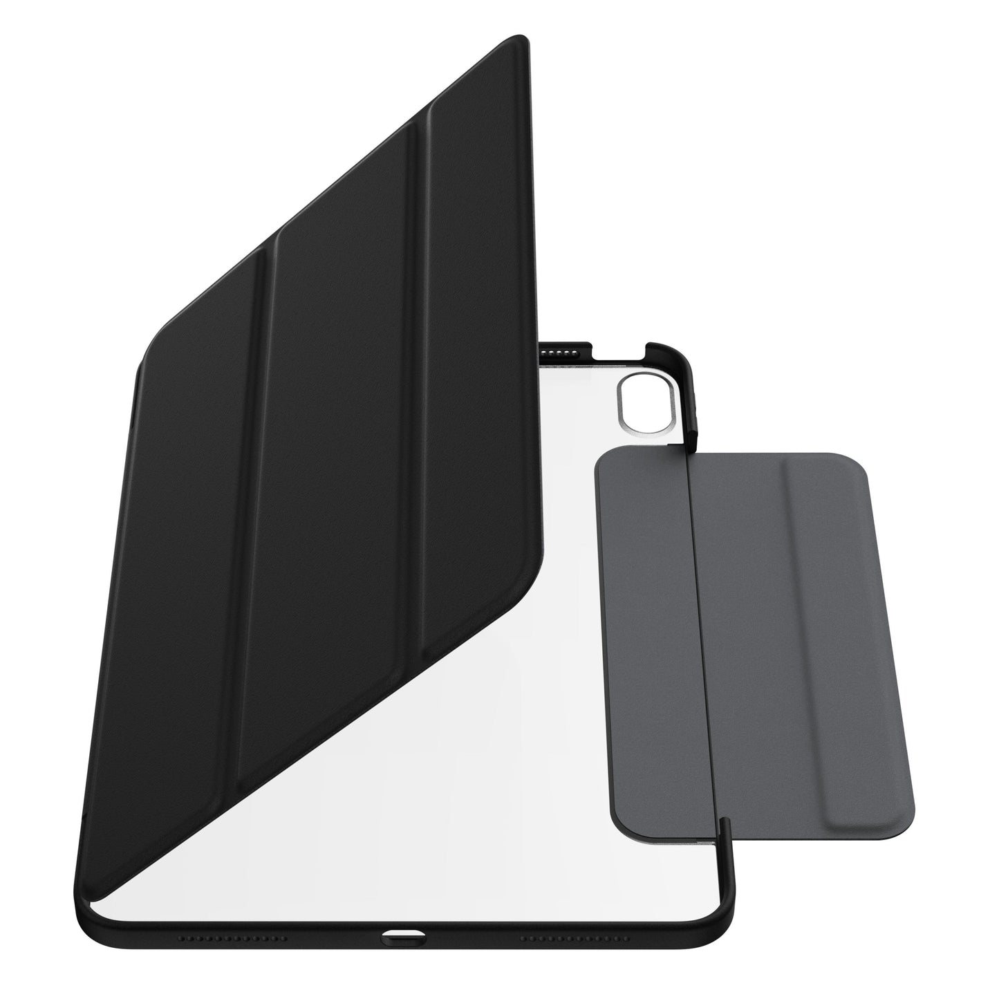 Otterbox Symmetry Folio iPad Air 11" 2024 sort stødsikkert etui, foldbart frontcover, gennemsigtig bagside, grå inderside, kameralook.