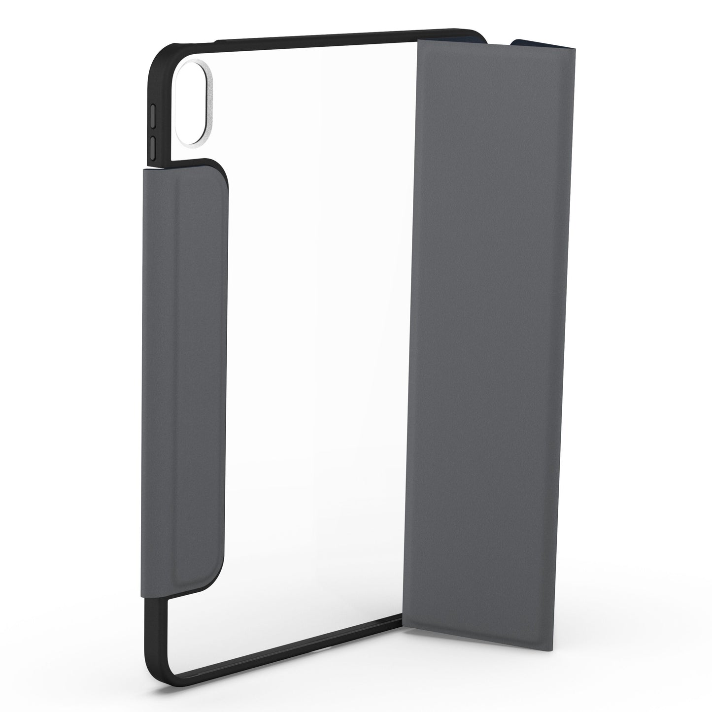 Otterbox Symmetry Folio iPad Air 11" 2024, grå foliolåg, indvendig beskyttelse, præcis kameratilpasning, opretstående.