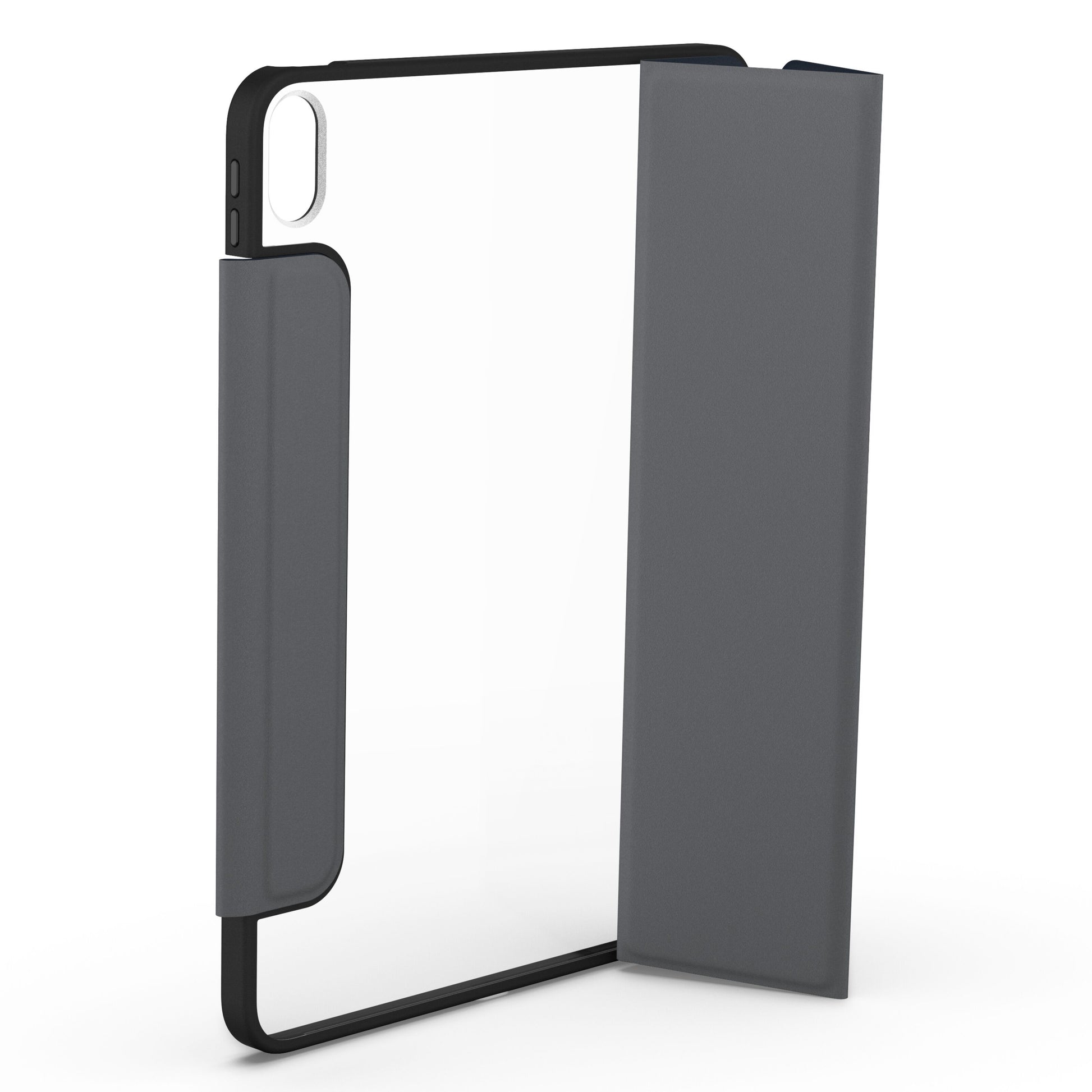 Otterbox Symmetry Folio iPad Air 11" 2024, grå foliolåg, indvendig beskyttelse, præcis kameratilpasning, opretstående.