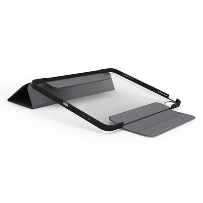Justerbart laptopstativ med sort ramme, grå flader og foldesektioner kompatibelt med Symmetry Folio til iPad Air 11" 2024.