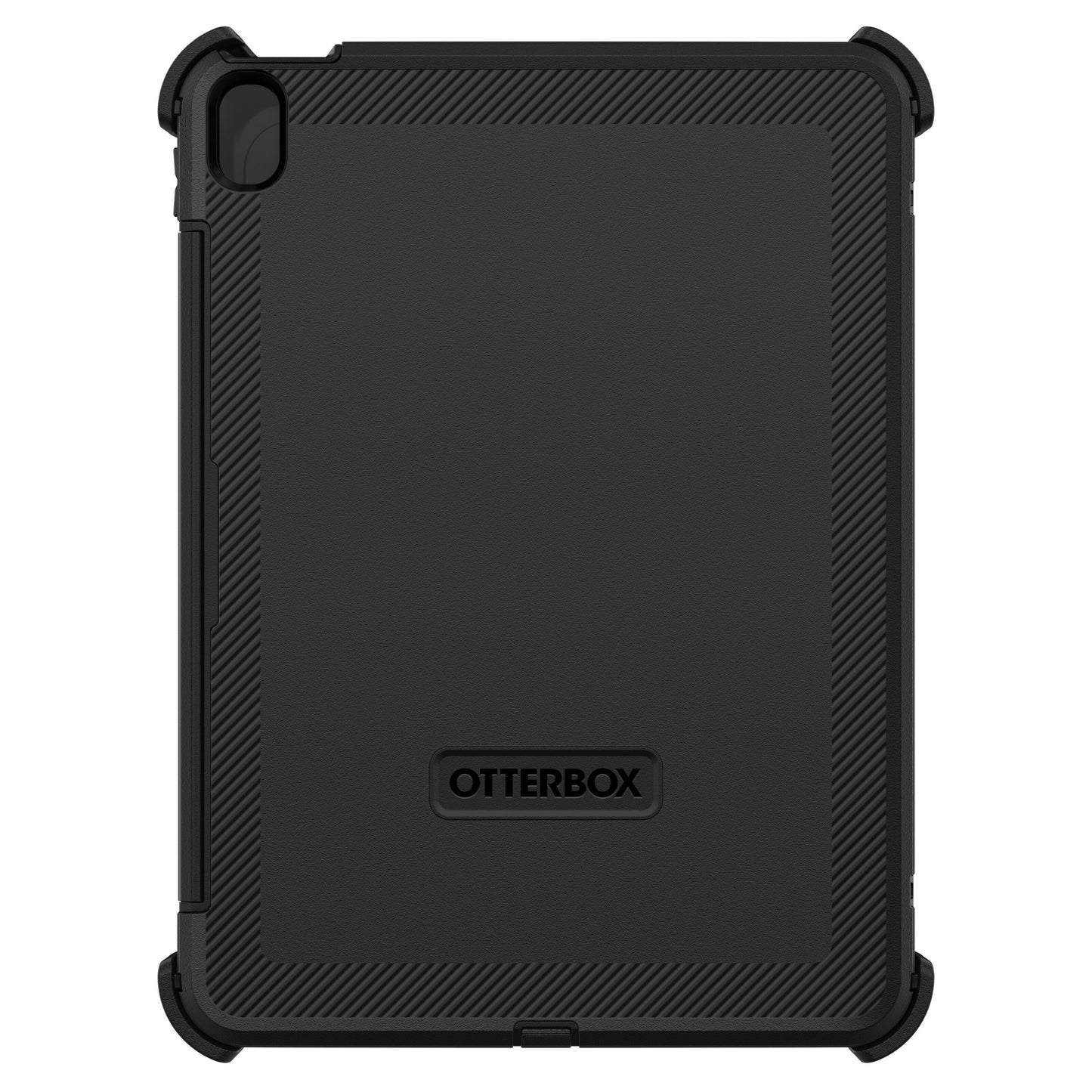 Otterbox sort beskyttelsesetui til iPad Air 11" set bagfra, forstærkede hjørner, tekstureret kant, Otterbox-logo nederst.