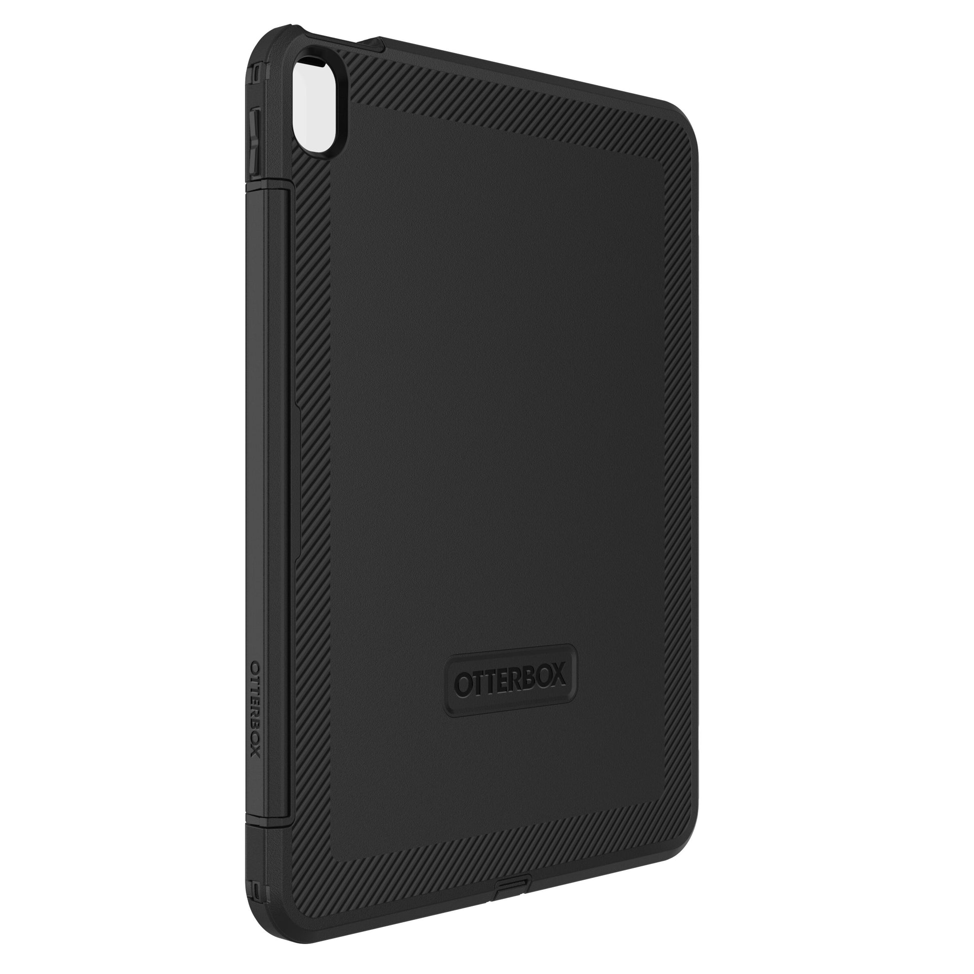 Sort Otterbox beskyttelsesetui til iPad Air 11" med tekstureret greb, udskæringer til kamera/knapper og logo på bagsiden.