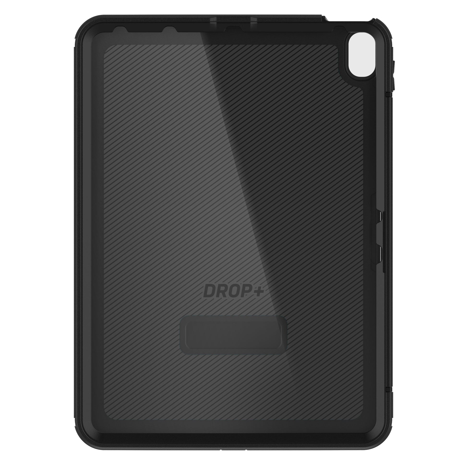 Sort Otterbox beskyttelsesetui til iPad Air 11", diagonalt mønster, kamerahul øverst til højre, DROP+ printet midt på.