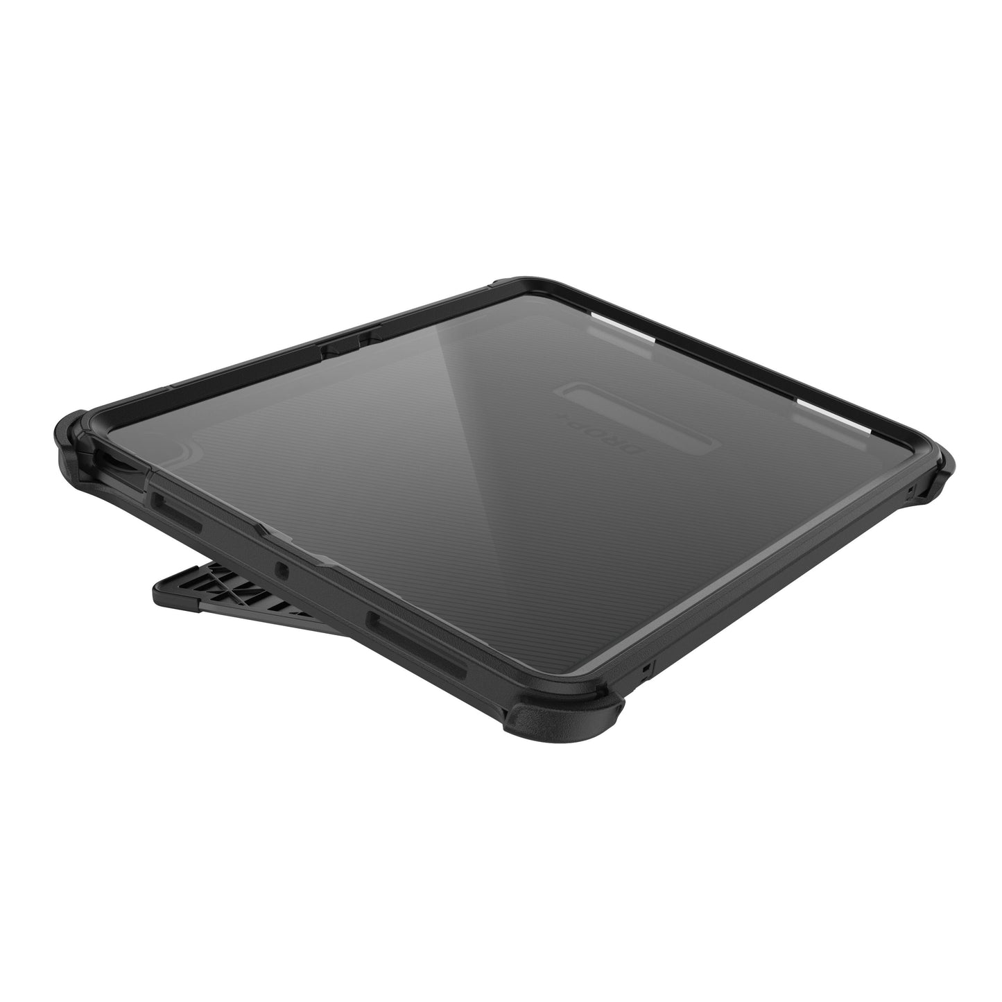 Otterbox sort beskyttelsesetui til iPad Air 11" med forstærkede hjørner, integrerede standere og gennemsigtig bagside.