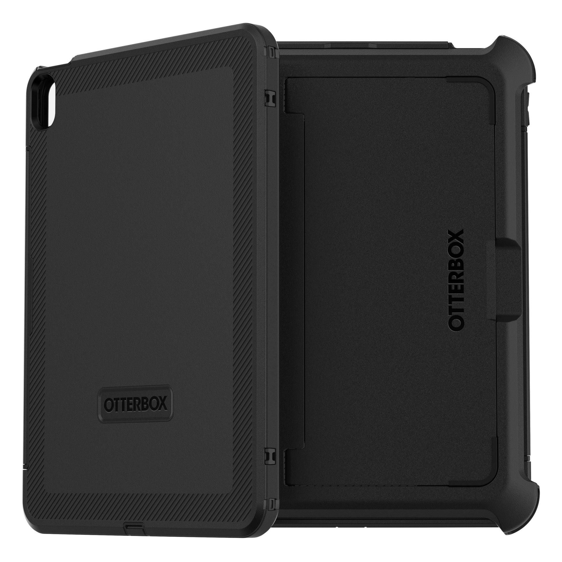 Otterbox beskyttelsesetui til iPad Air 11", sort, tekstureret overflade, logo på begge sider, vises åbnet.