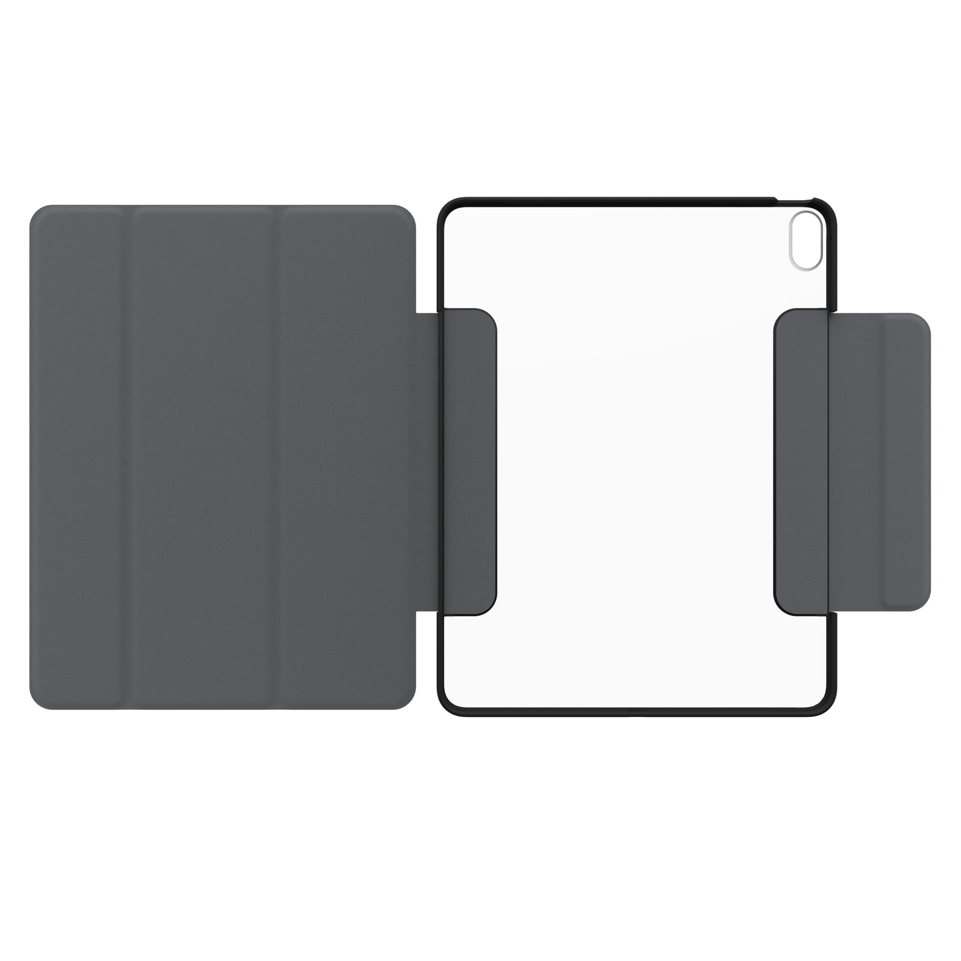 Otterbox Symmetry Folio iPad Air 13" 2024 grå, åben, tri-fold cover, klar bagside med sort kant og magnetiske hængsler.