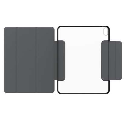 Otterbox Symmetry Folio iPad Air 13" 2024 grå, åben, tri-fold cover, klar bagside med sort kant og magnetiske hængsler.