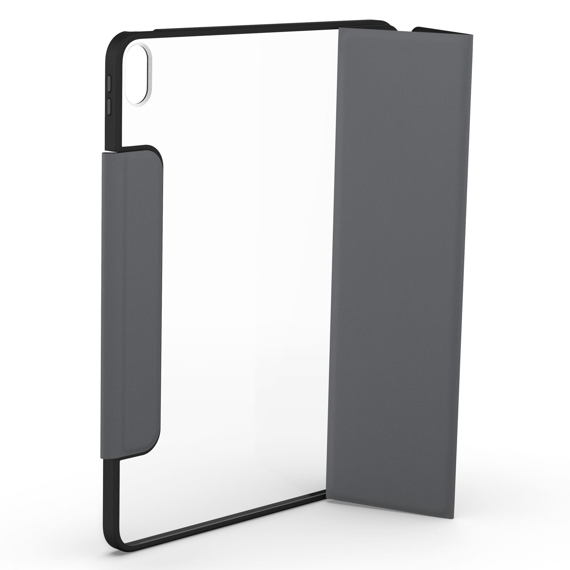Otterbox Symmetry Folio iPad Air 13" 2024 mørkegråt folio-cover, oprejst åben, gennemsigtig bagside med sideknapbeskyttelse.