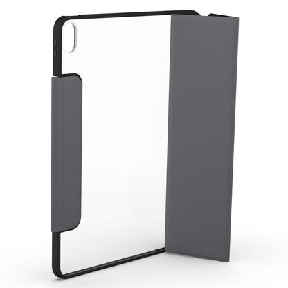 Otterbox Symmetry Folio iPad Air 13" 2024 mørkegråt folio-cover, oprejst åben, gennemsigtig bagside med sideknapbeskyttelse.